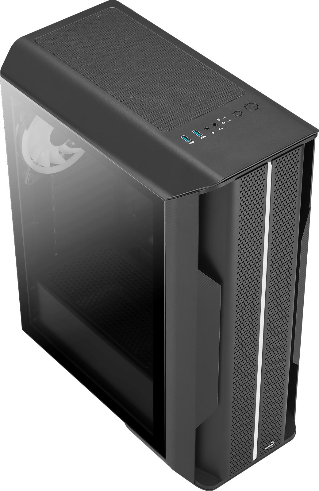 Un case per computer nero con un pannello laterale in vetro, che mostra i componenti interni. Ha frontale e superiore perforati.