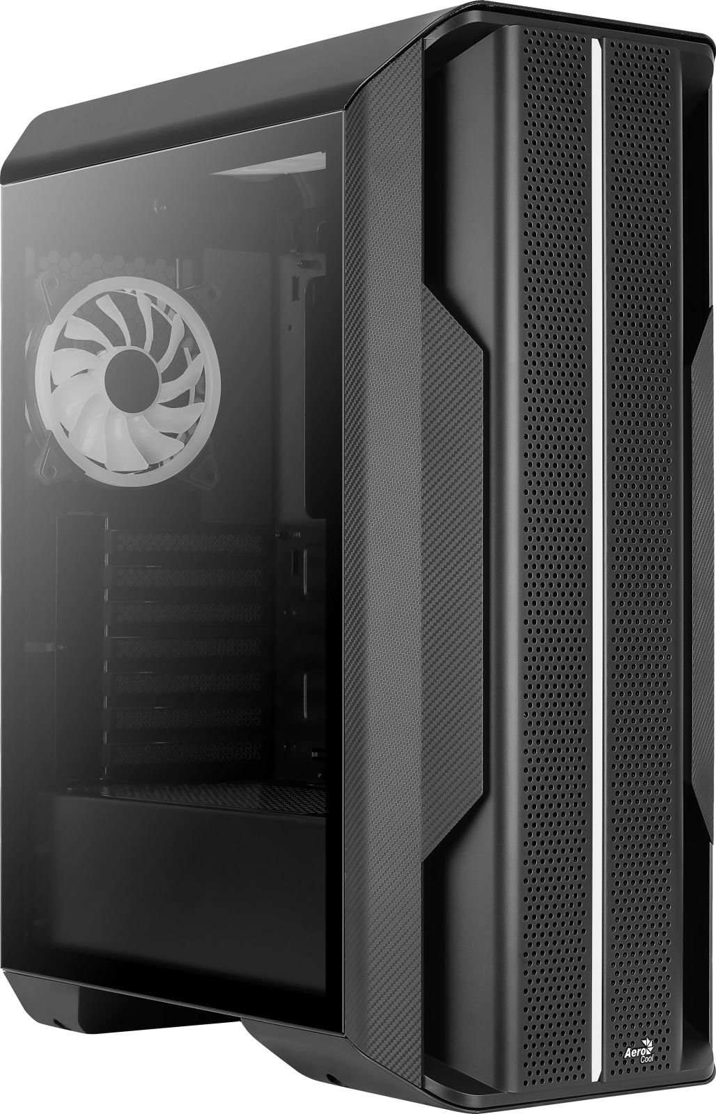 Un case per computer nero con pannello laterale trasparente, ventola bianca e pannello frontale perforato.