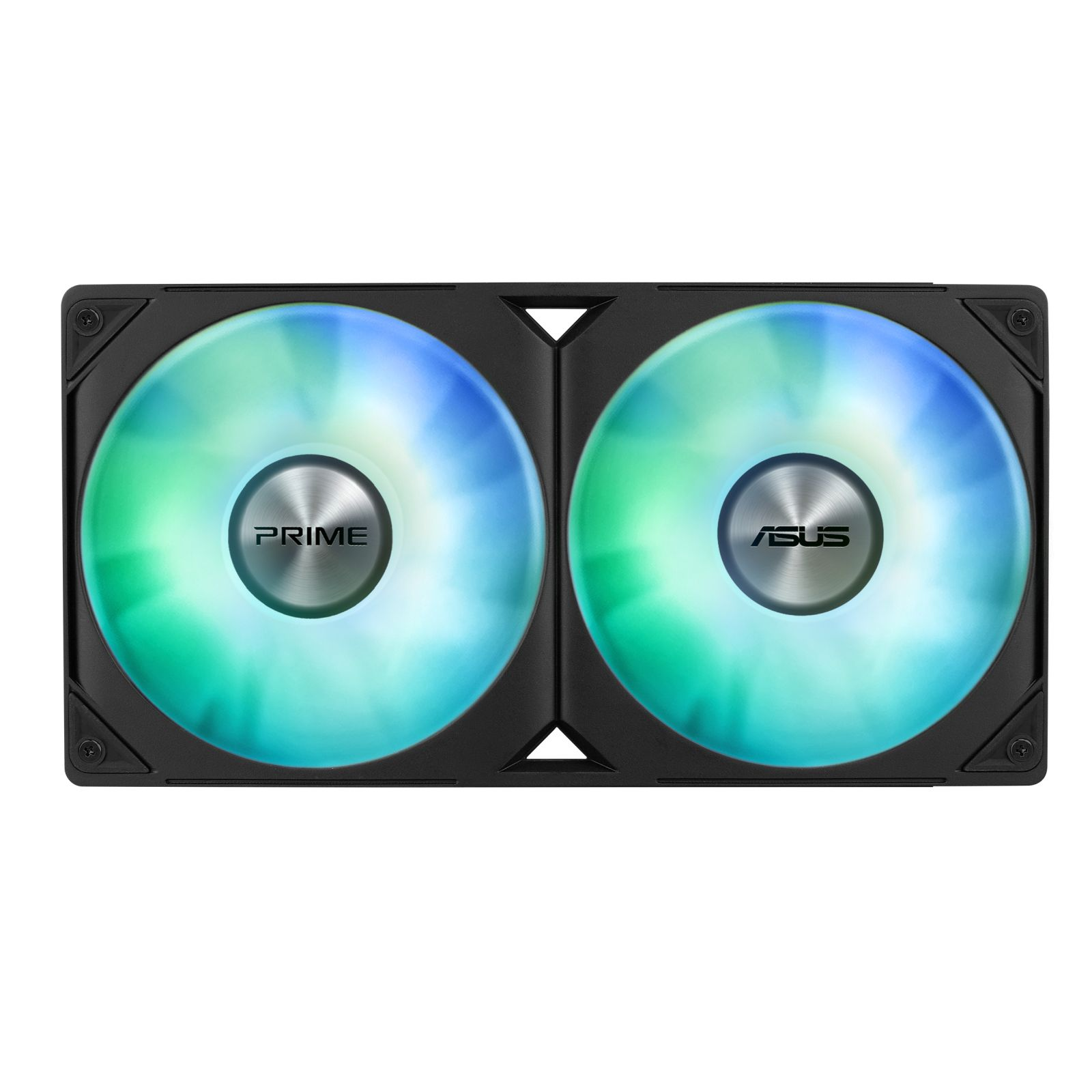 Due ventole per computer nere con illuminazione colorata, una con l'etichetta 'PRIME' e l'altra 'ASUS'. Entrambe sono centrate su sfondo bianco.