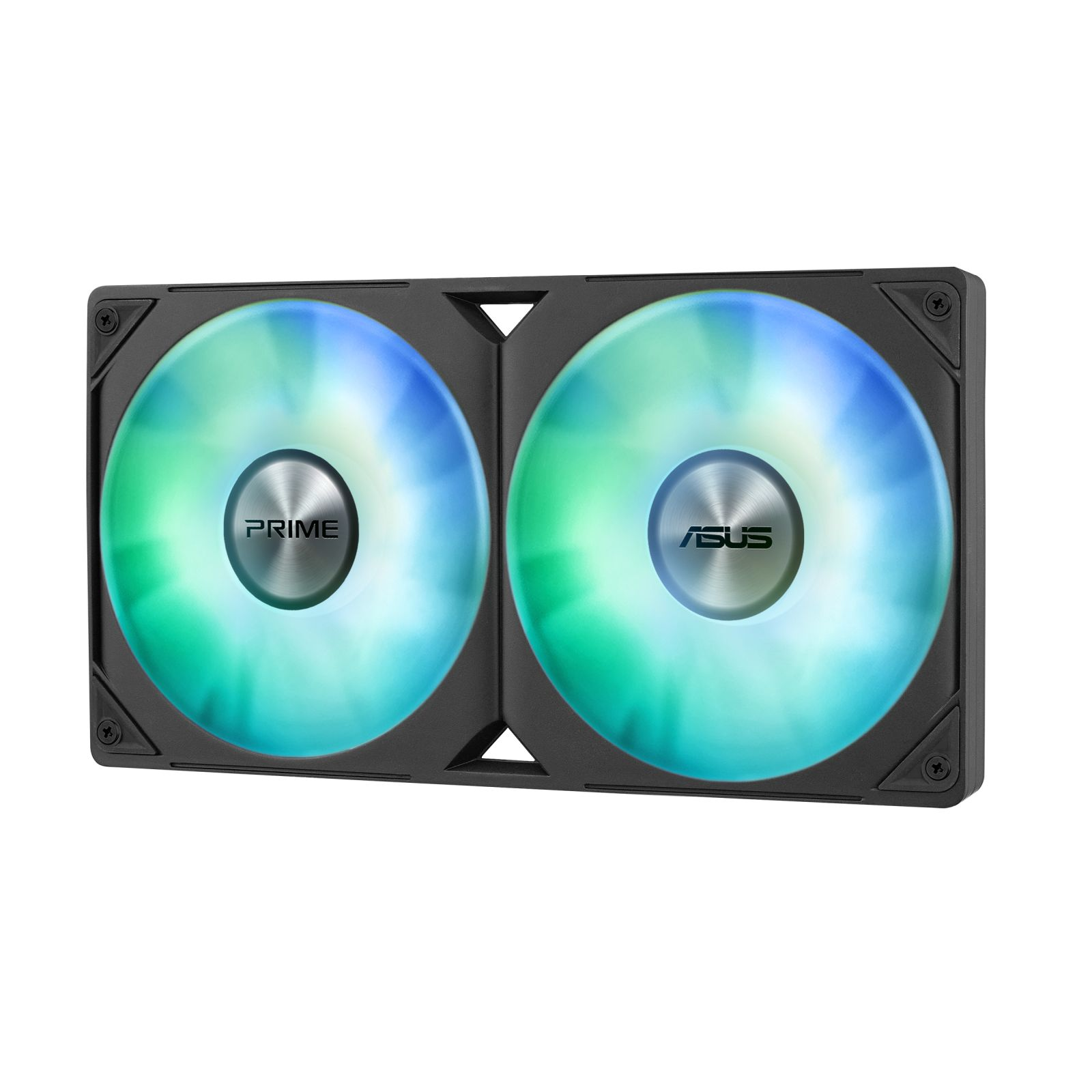 Sono mostrate due ventole per computer RGB. Ogni ventola ha un design circolare. La ventola sinistra dice PRIME. La destra dice ASUS.