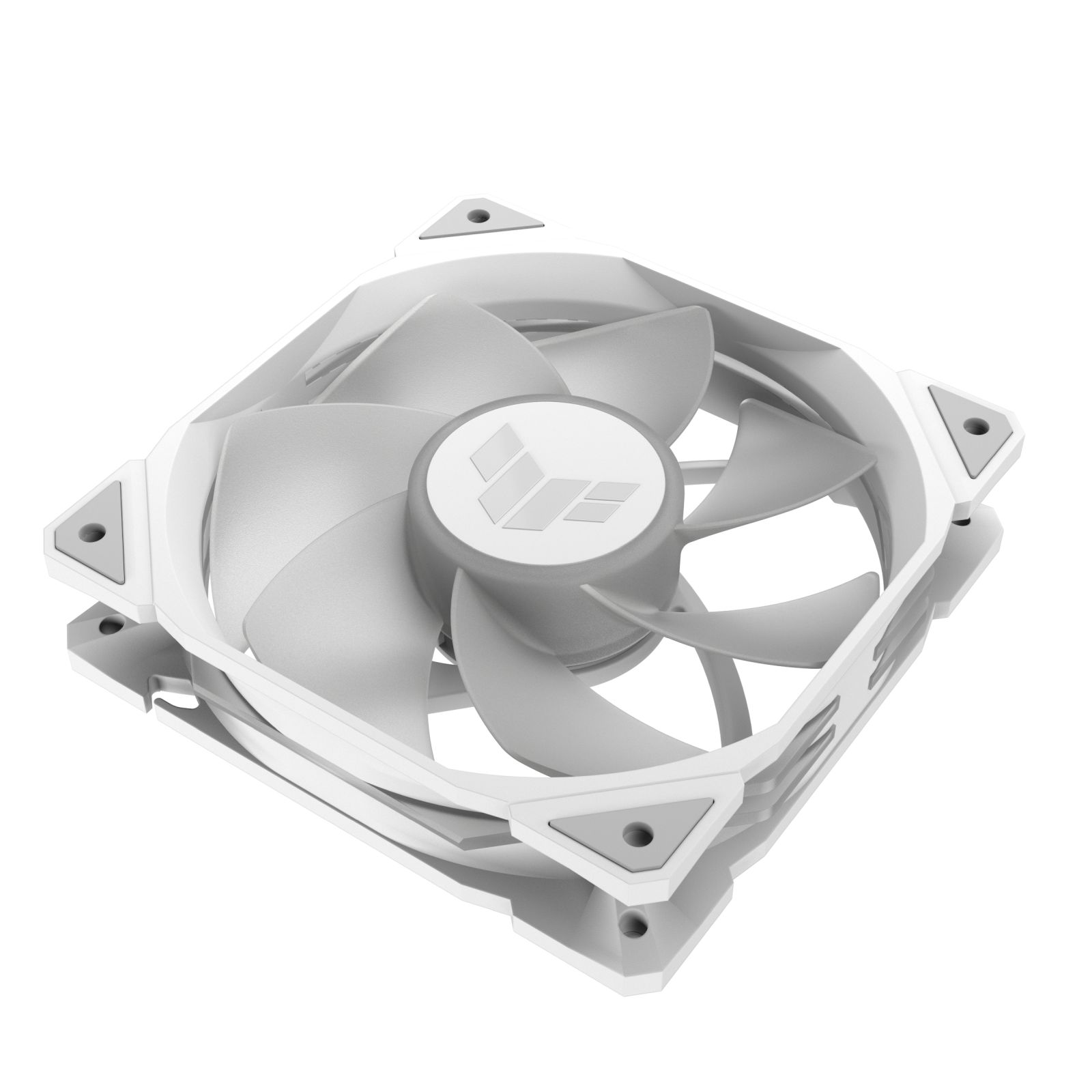 Un ventilateur d'ordinateur blanc avec des pales grises et un logo central. Le ventilateur est carré avec des coins arrondis, sur fond blanc.