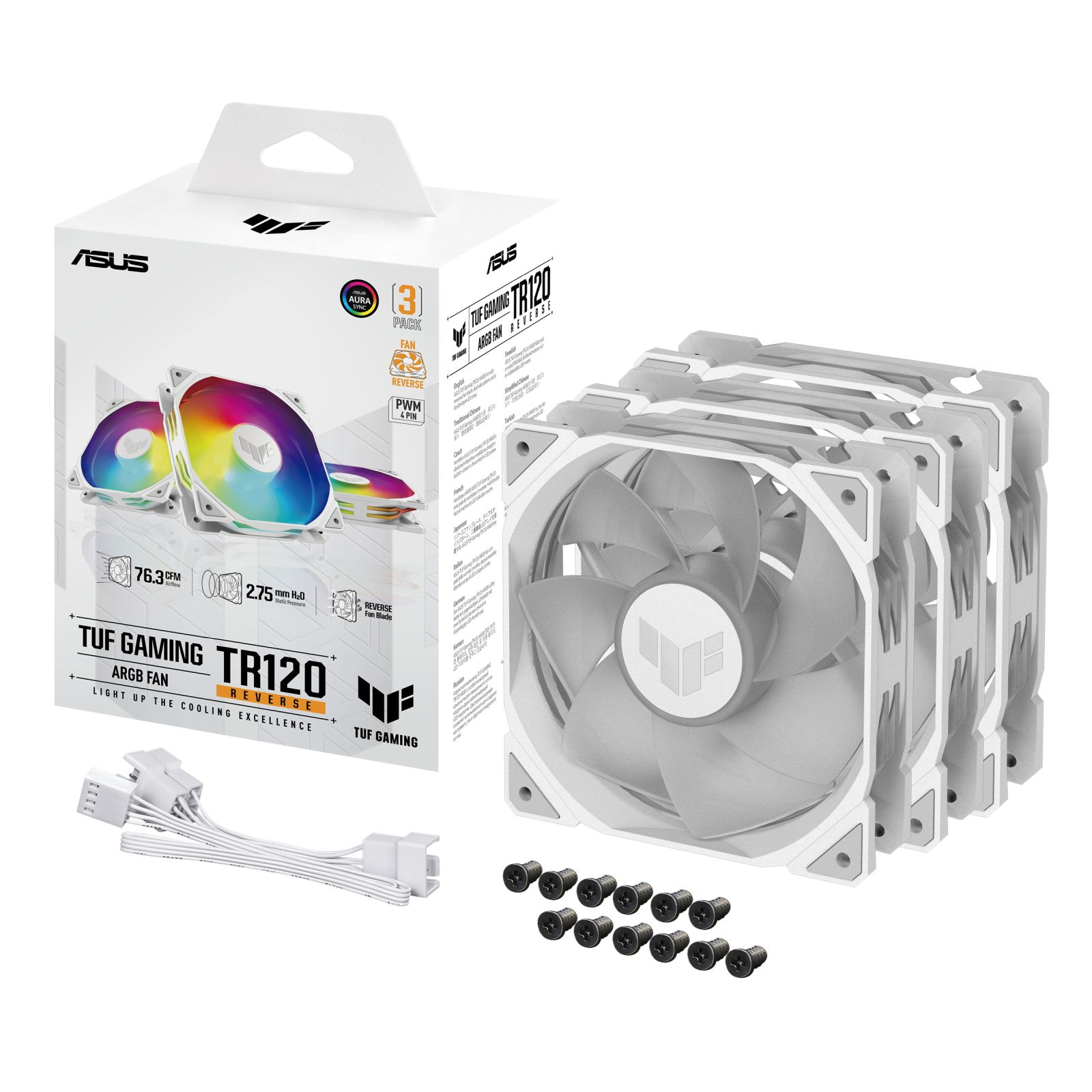 L'image montre un kit de ventilateur Asus TUF Gaming TR120 blanc. Il comprend des ventilateurs, une boîte et des vis de montage. Les ventilateurs ont RGB.