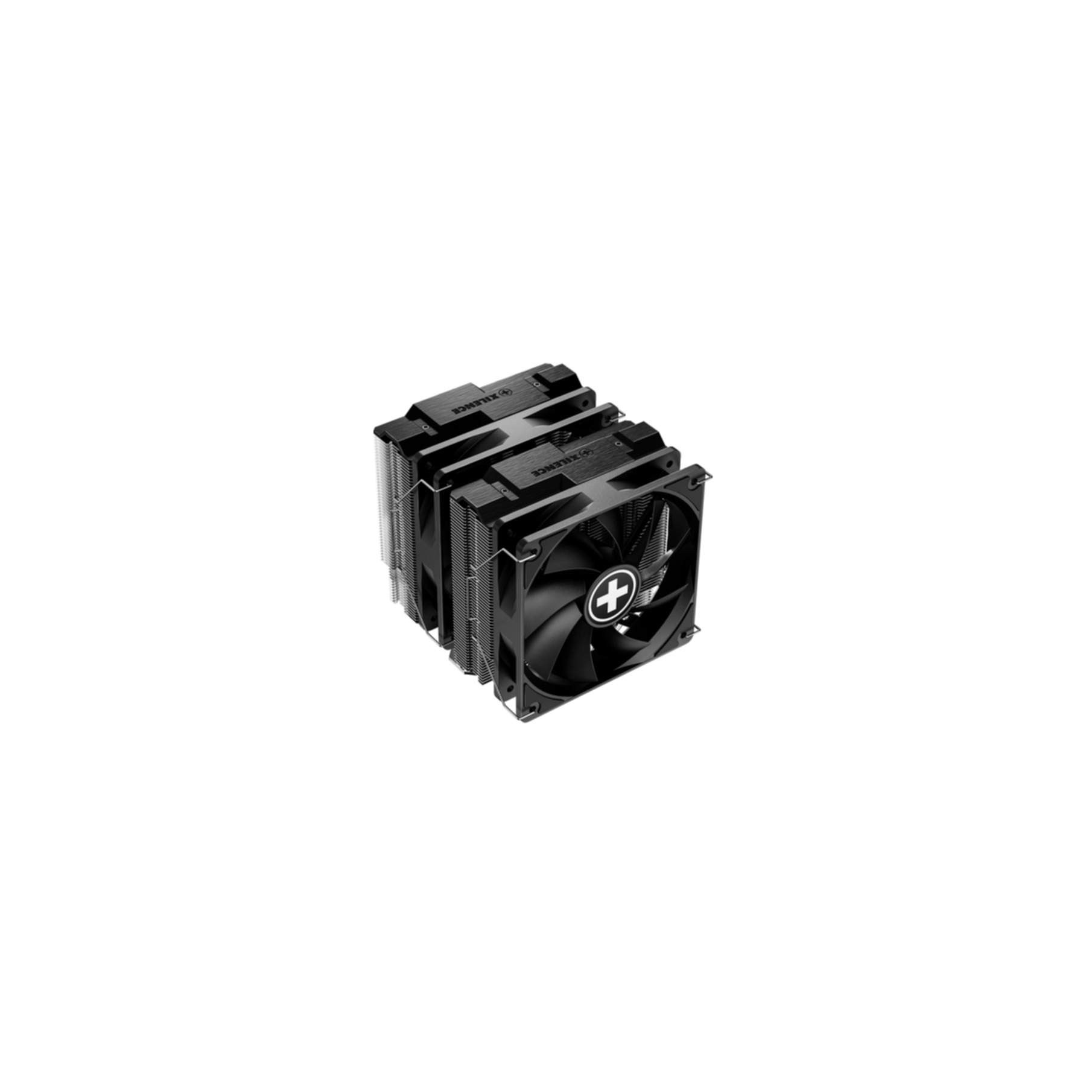 A black computer CPU cooler with a fan and heat sinks, on a white background. The fan has a white cross.