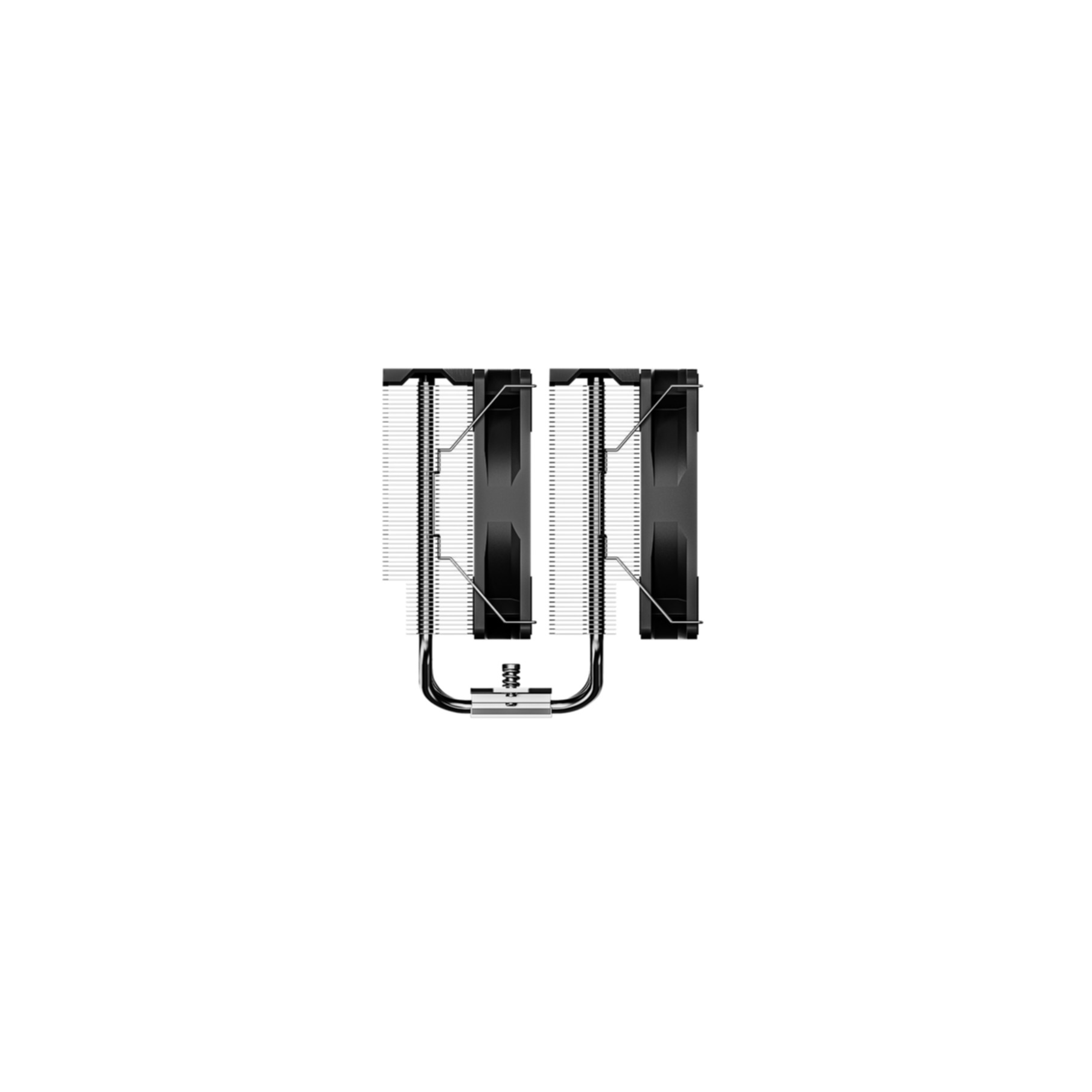 A CPU cooler is centered, with black fans and silver fins on a white background.