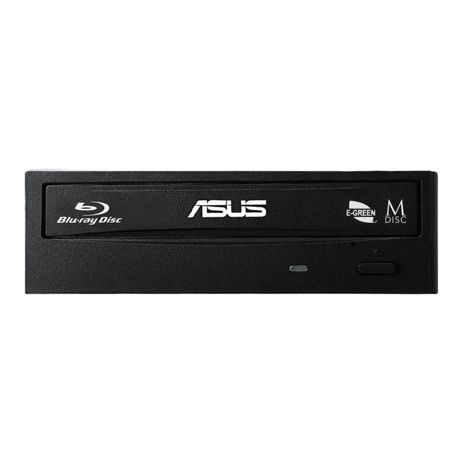 Czarny napęd Blu-ray ASUS. Posiada logo ASUS, logo Blu-ray Disc, etykietę E-GREEN DISC i M DISC.