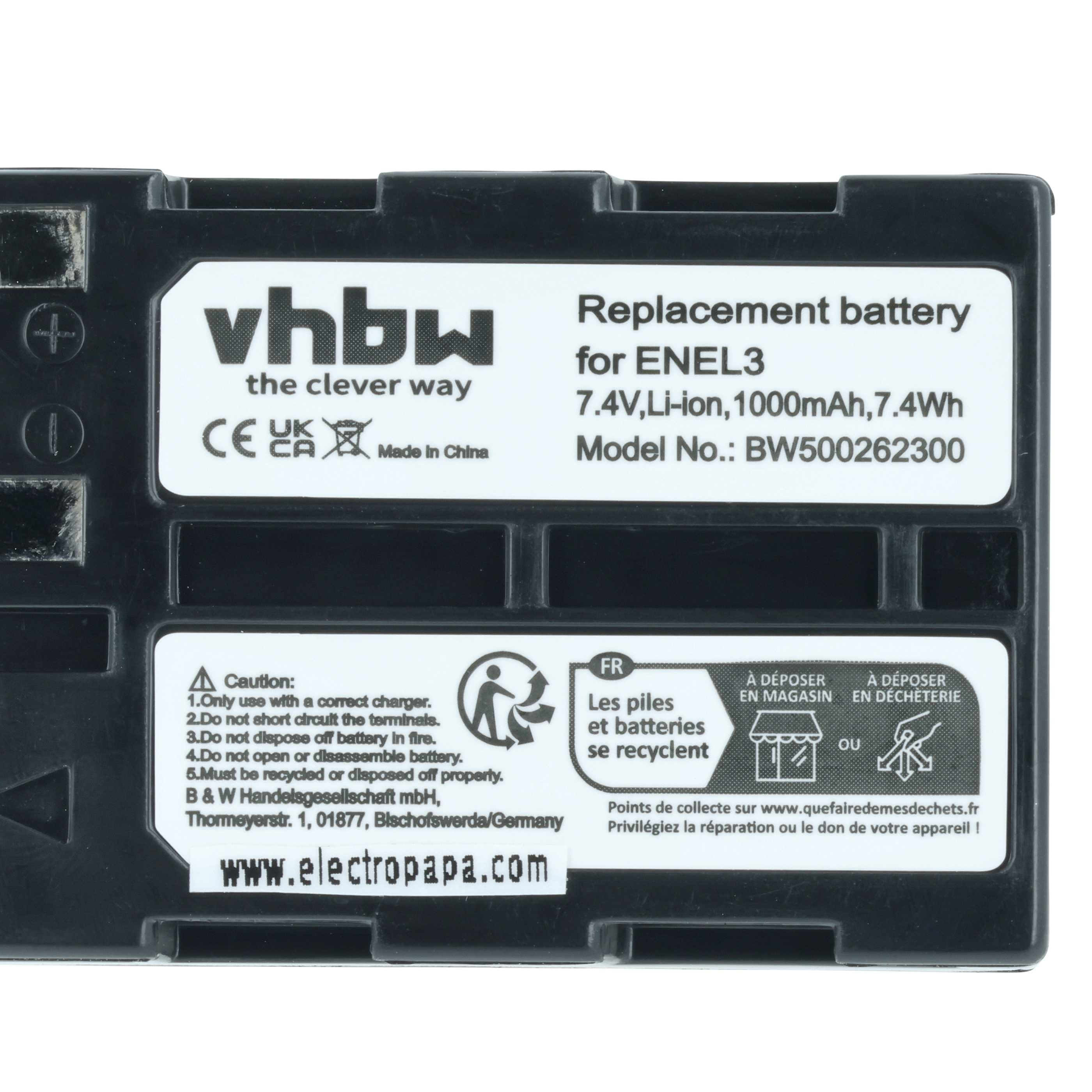 Schwarzer Akku mit weißem Text. Er sagt vhbw, Ersatzbatterie und andere technische Details.