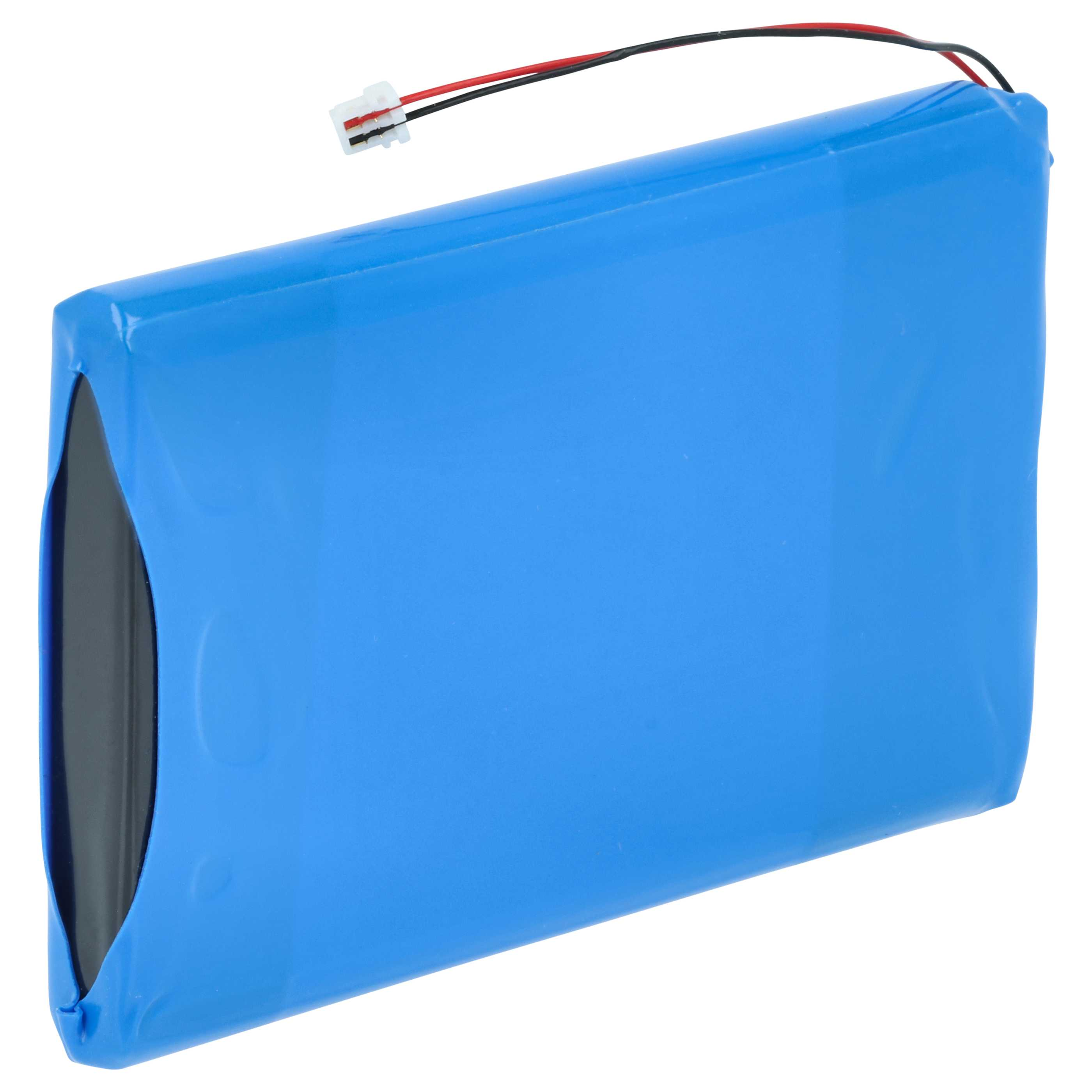 Ein blauer Akku mit Drähten und einem Stecker auf weißem Hintergrund.