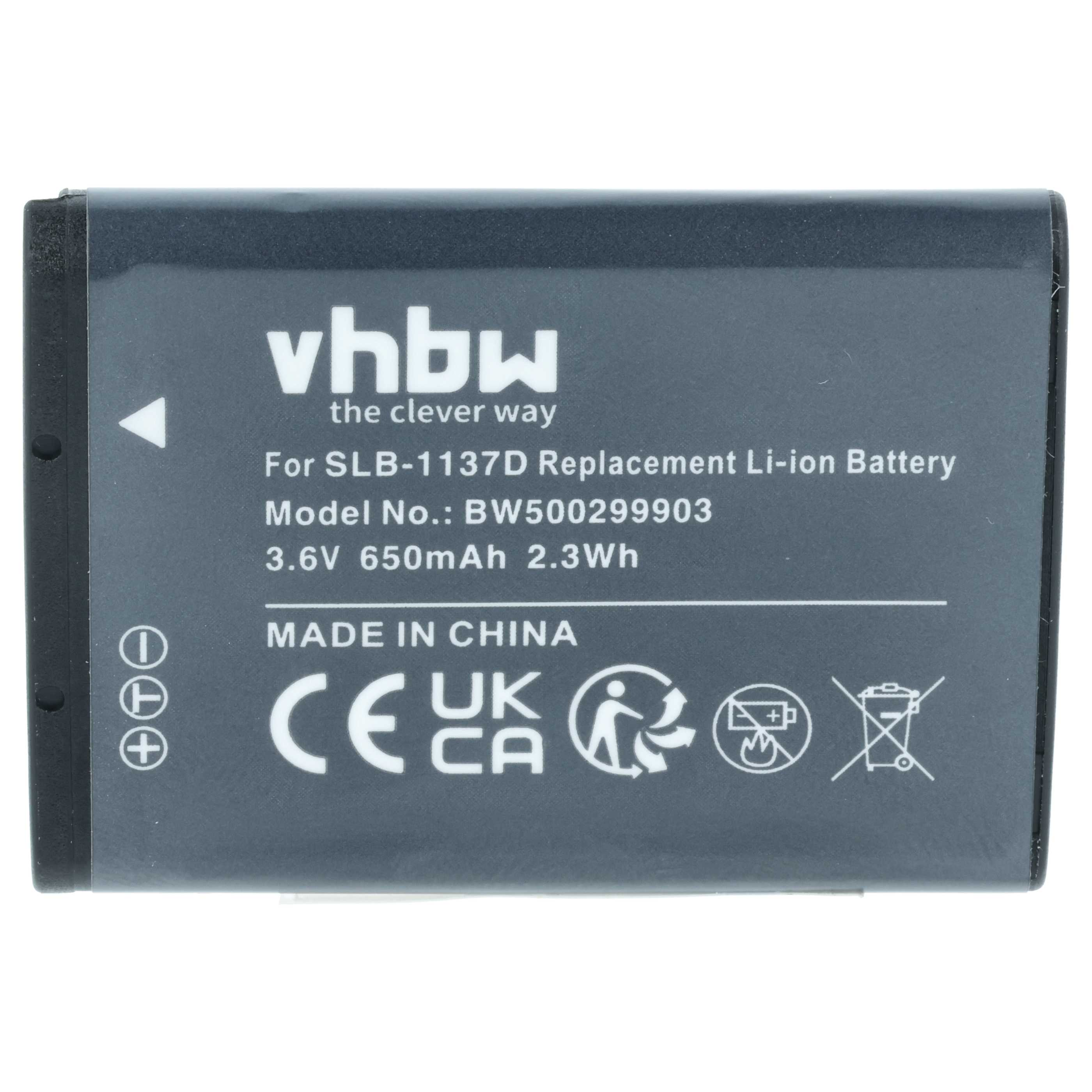 Ein dunkelgrauer Akku mit weißem Text. Er trägt den Markennamen 'vhbw' und technische Informationen wie Spannung und Modellnummer.