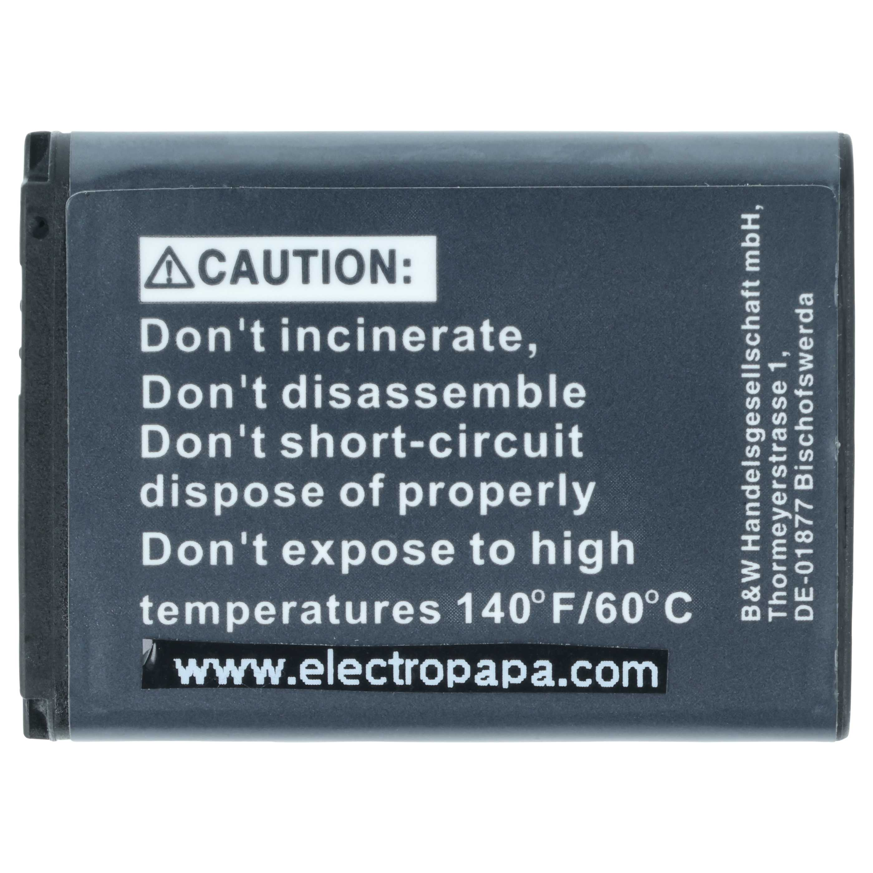 Dunkelgraue Batterie mit weißem Text. Es hat ein Warnschild mit Anweisungen. Die Website www.electropapa.com ist sichtbar.