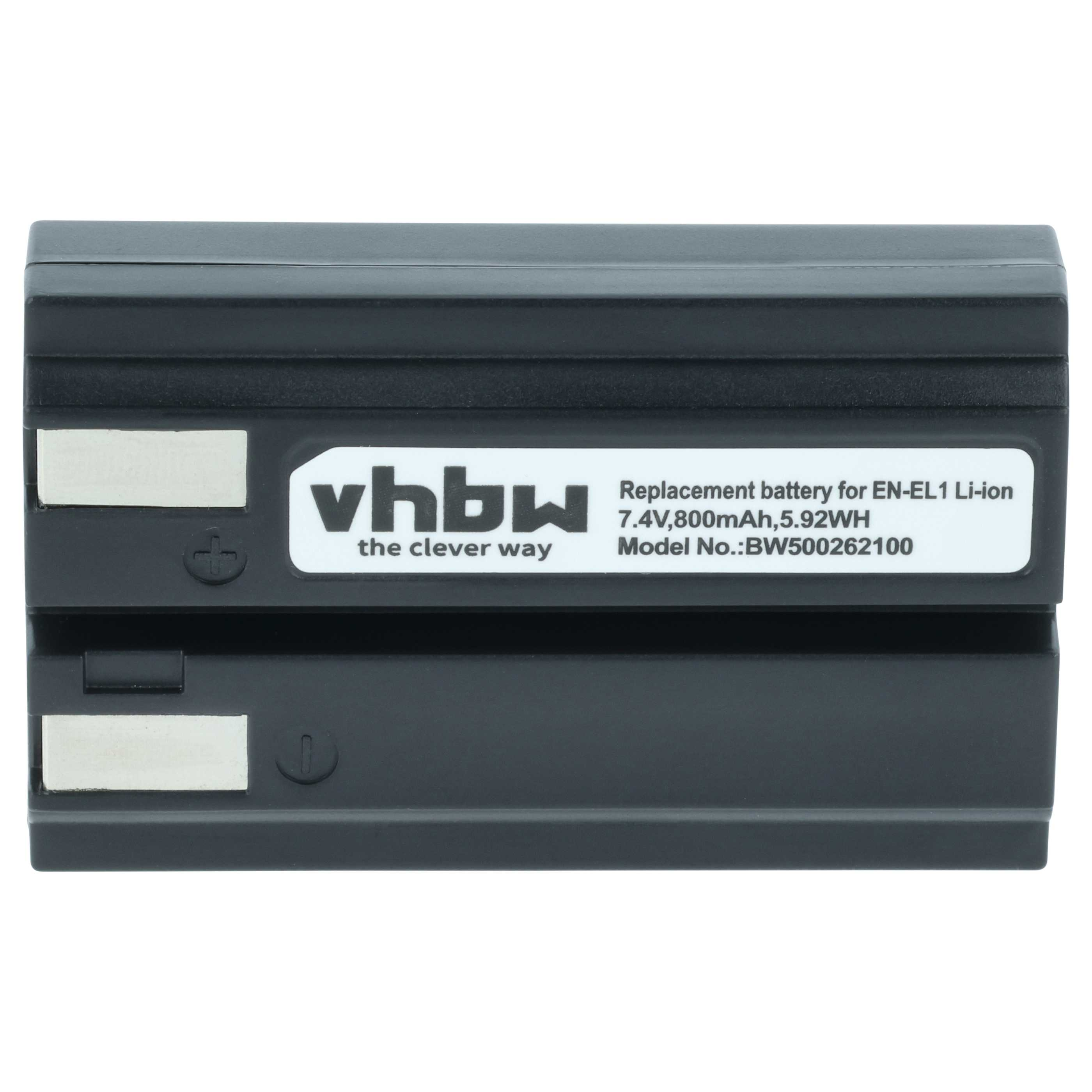 Ein schwarzer, rechteckiger Akku mit weißen Etiketten, die Marke vhbw ist sichtbar. Text: Ersatzbatterie.