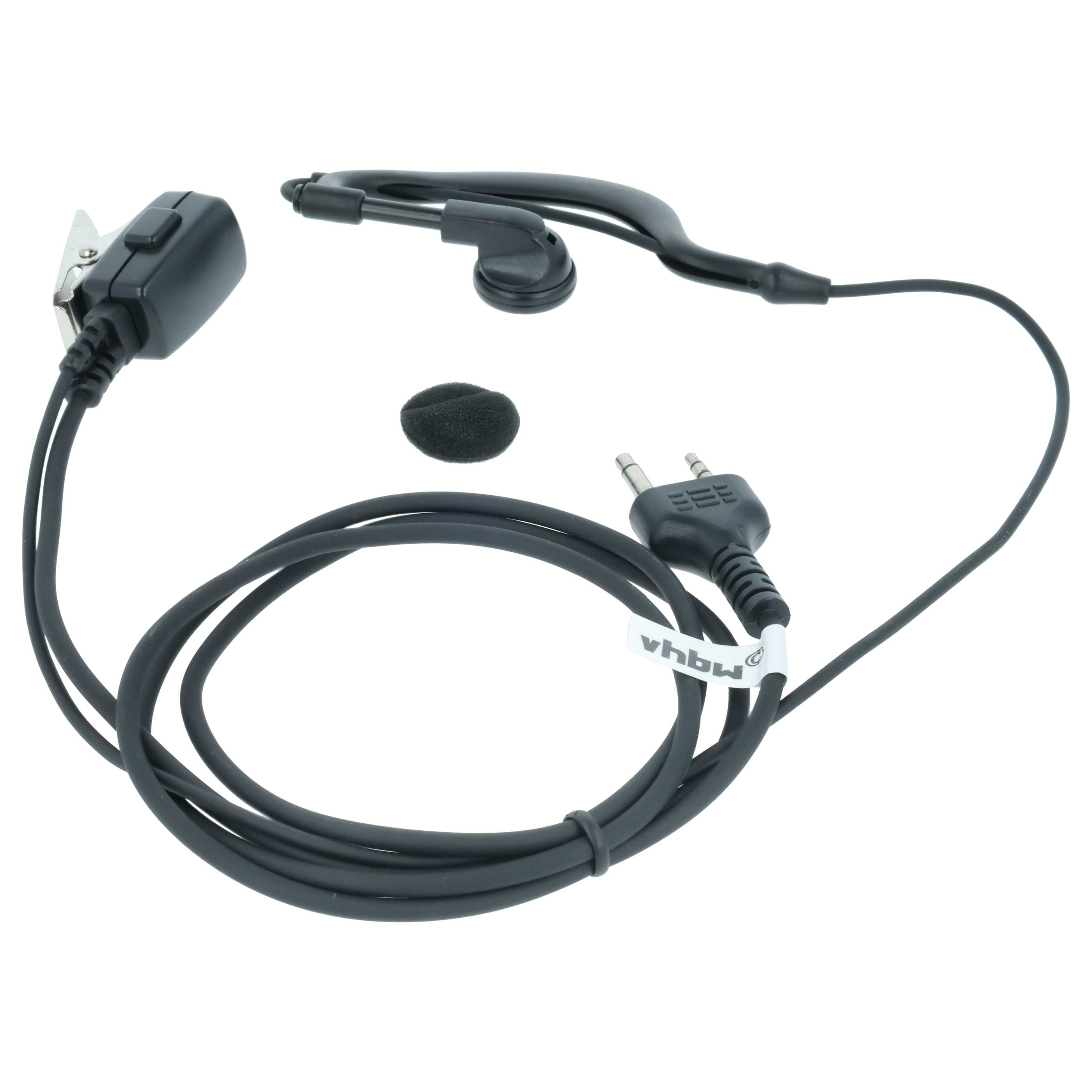 Ein schwarzes Headset mit Clip, Ohrhörer und Stecker. Ein kleines Schaumpad ist ebenfalls sichtbar.