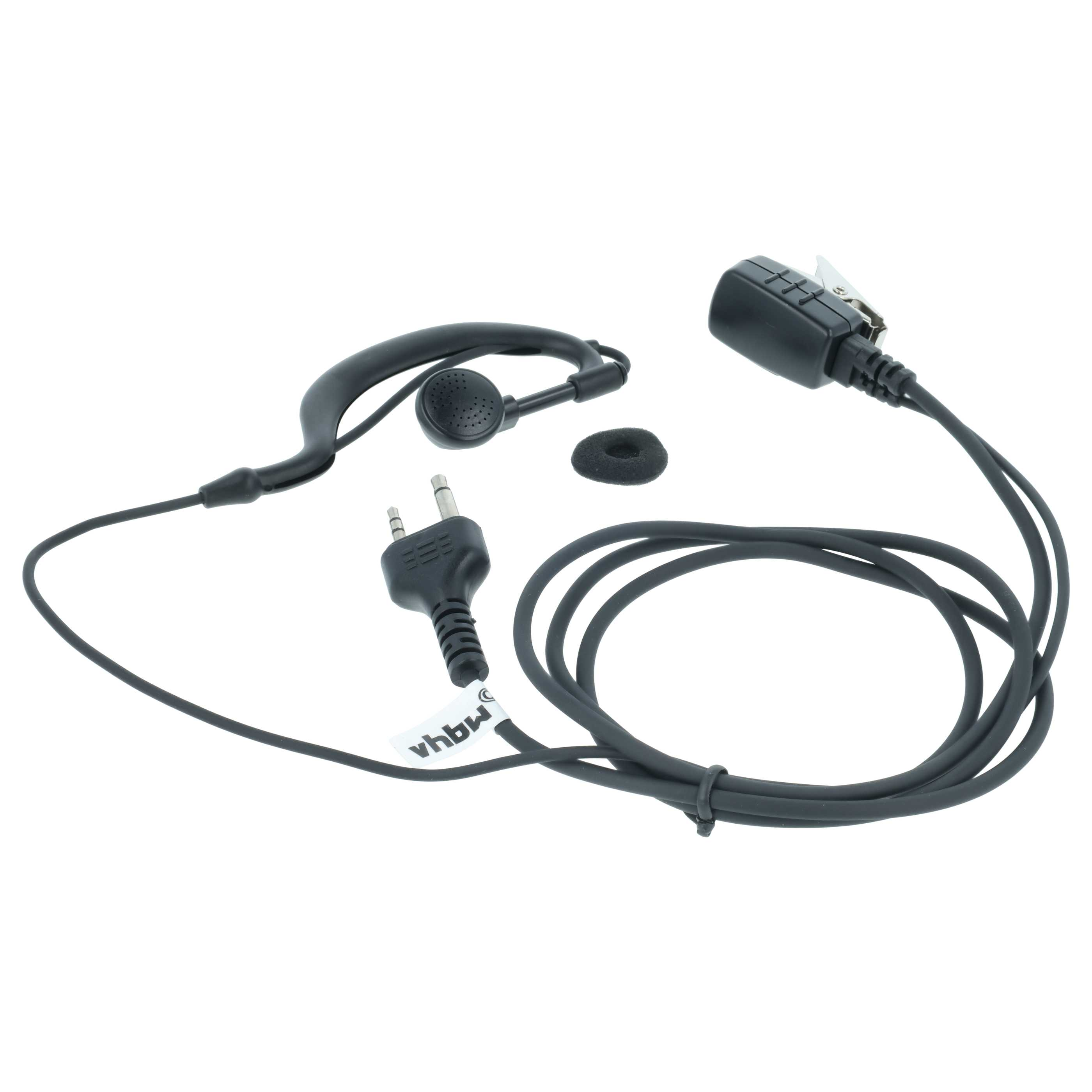 Ein schwarzes Headset mit Ohrhörer, Ohrbügel und Clip. Ein 3,5-mm-Stecker ist ebenfalls vorhanden.