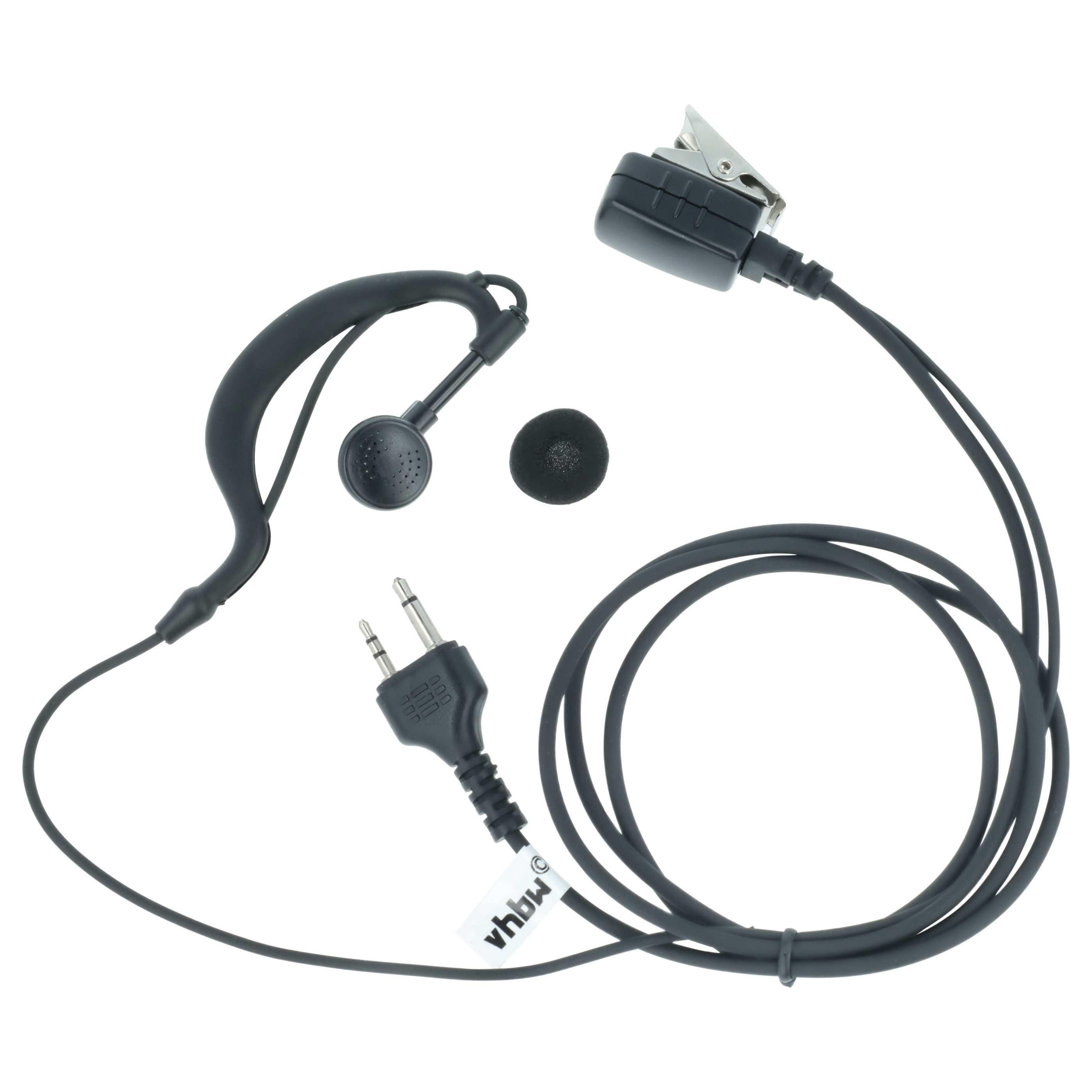 Schwarzes Headset mit Ohrbügel, Ohrhörer und Clip. Enthält ein schwarzes Kabel und einen Stecker.