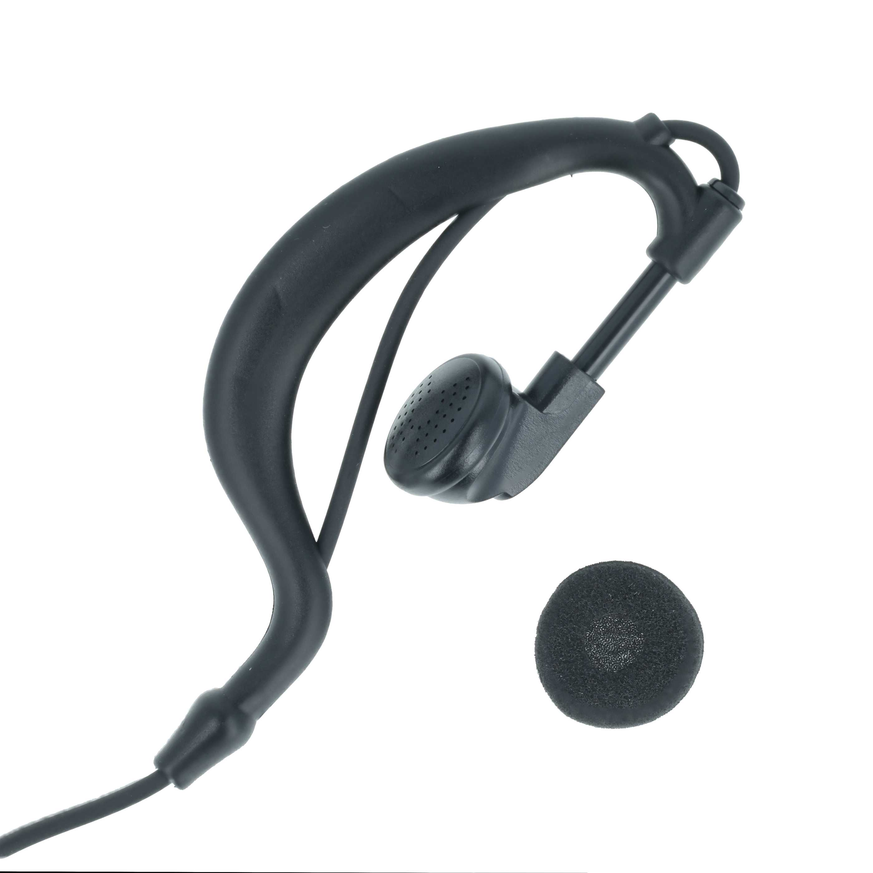 Schwarzes Headset mit Ohrschlaufe und separater Ohrabdeckung aus Schwamm auf weißem Hintergrund. Nahaufnahme.