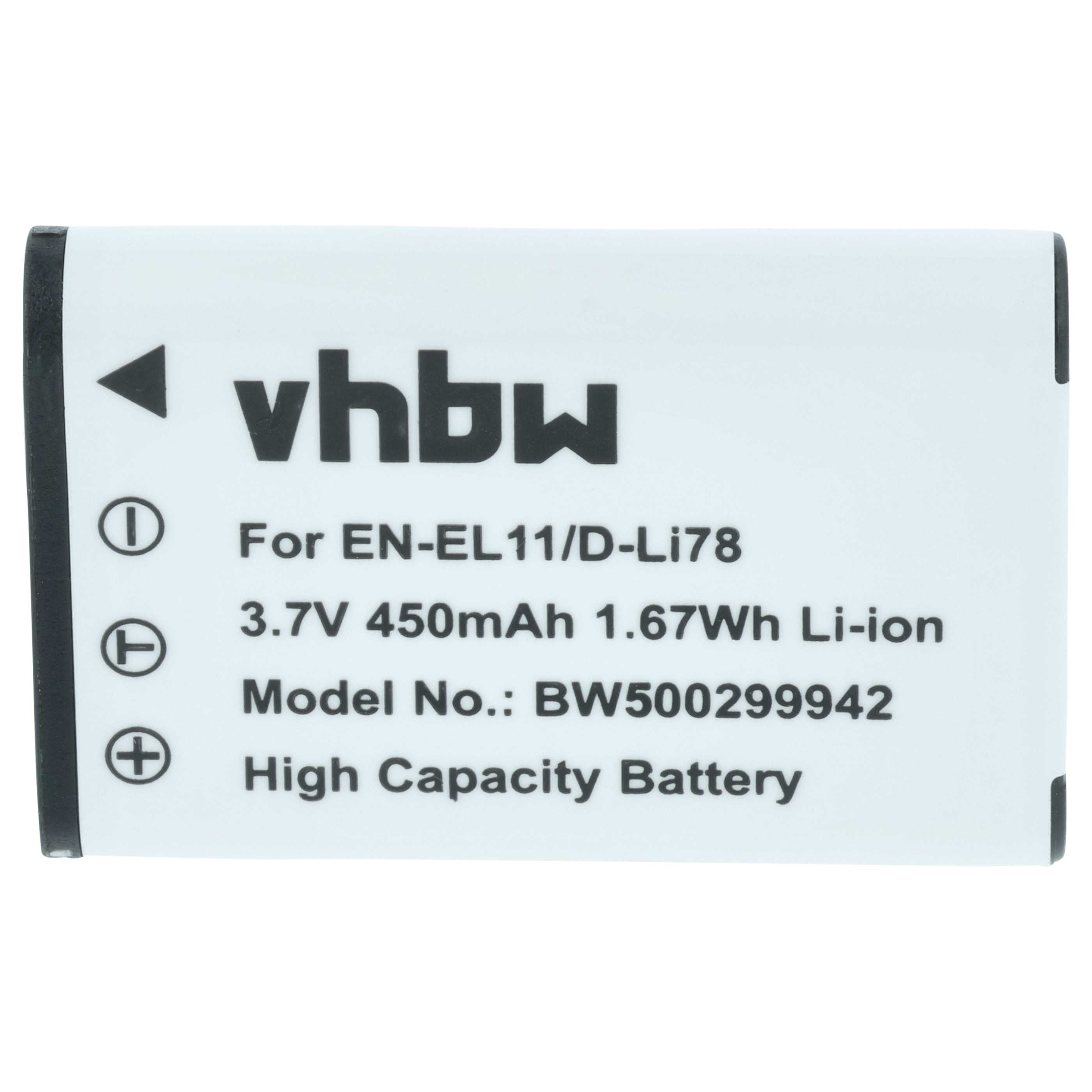 Ein weißer Akku mit schwarzen Kanten. Der Text enthält 'vhbw', '3,7 V', '450 mAh', 'Li-Ion' und Modellnummer.