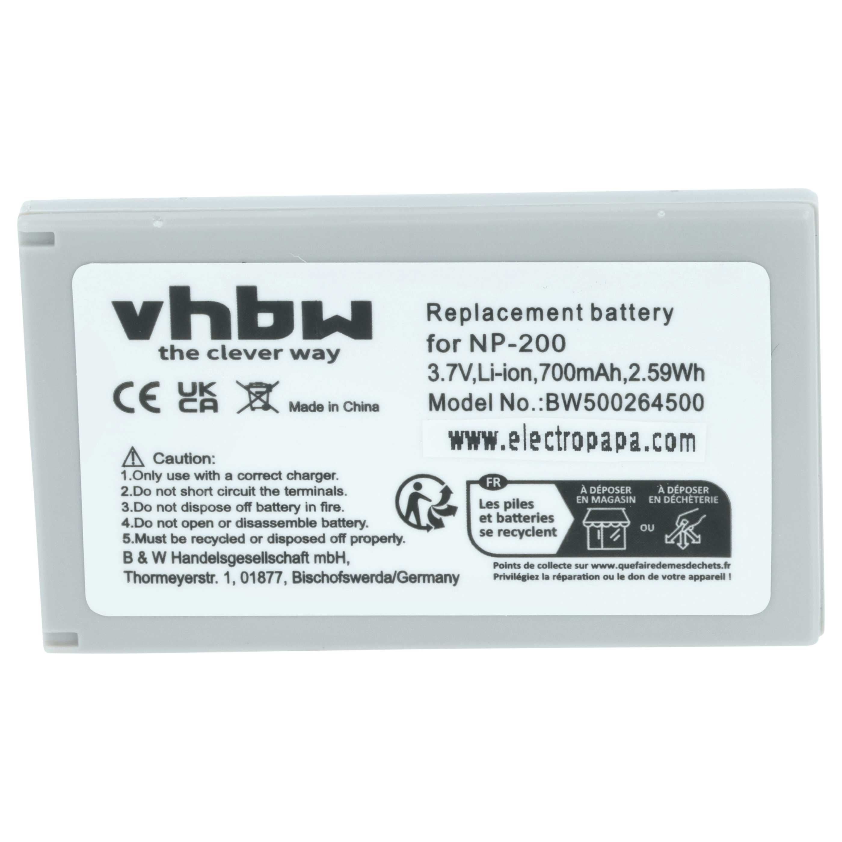 Ein weißer Akku mit schwarzem Text. Der Text enthält 'vhbw', 'Ersatzbatterie' und Recyclinghinweise.