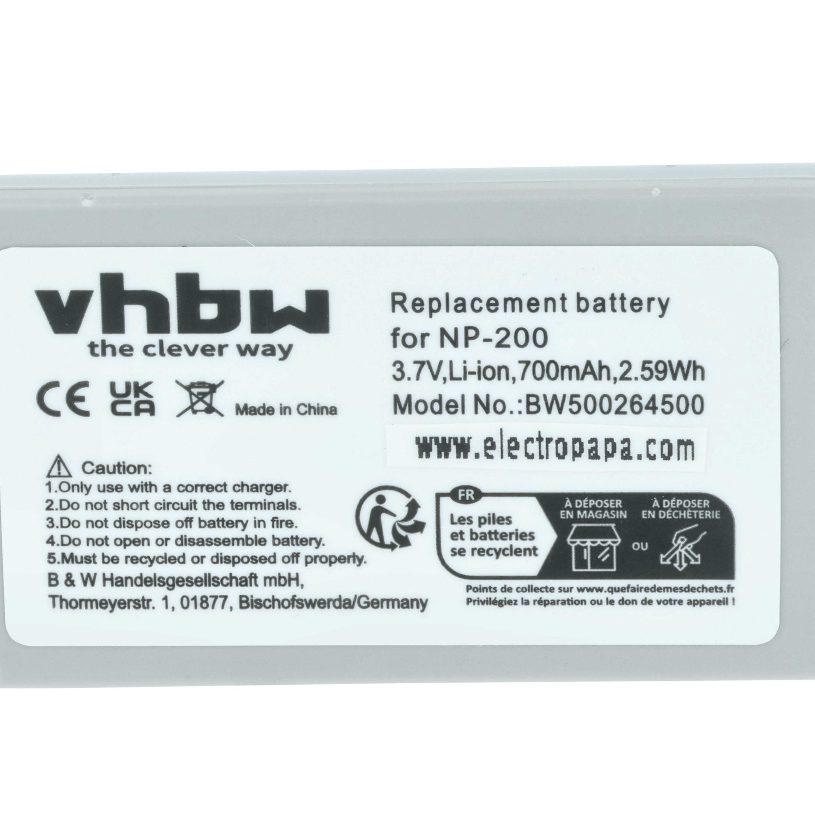Ein weißes und graues Batterieetikett mit Text und Symbolen. Es steht 'Ersatzbatterie' und hat Recycling-Symbole.
