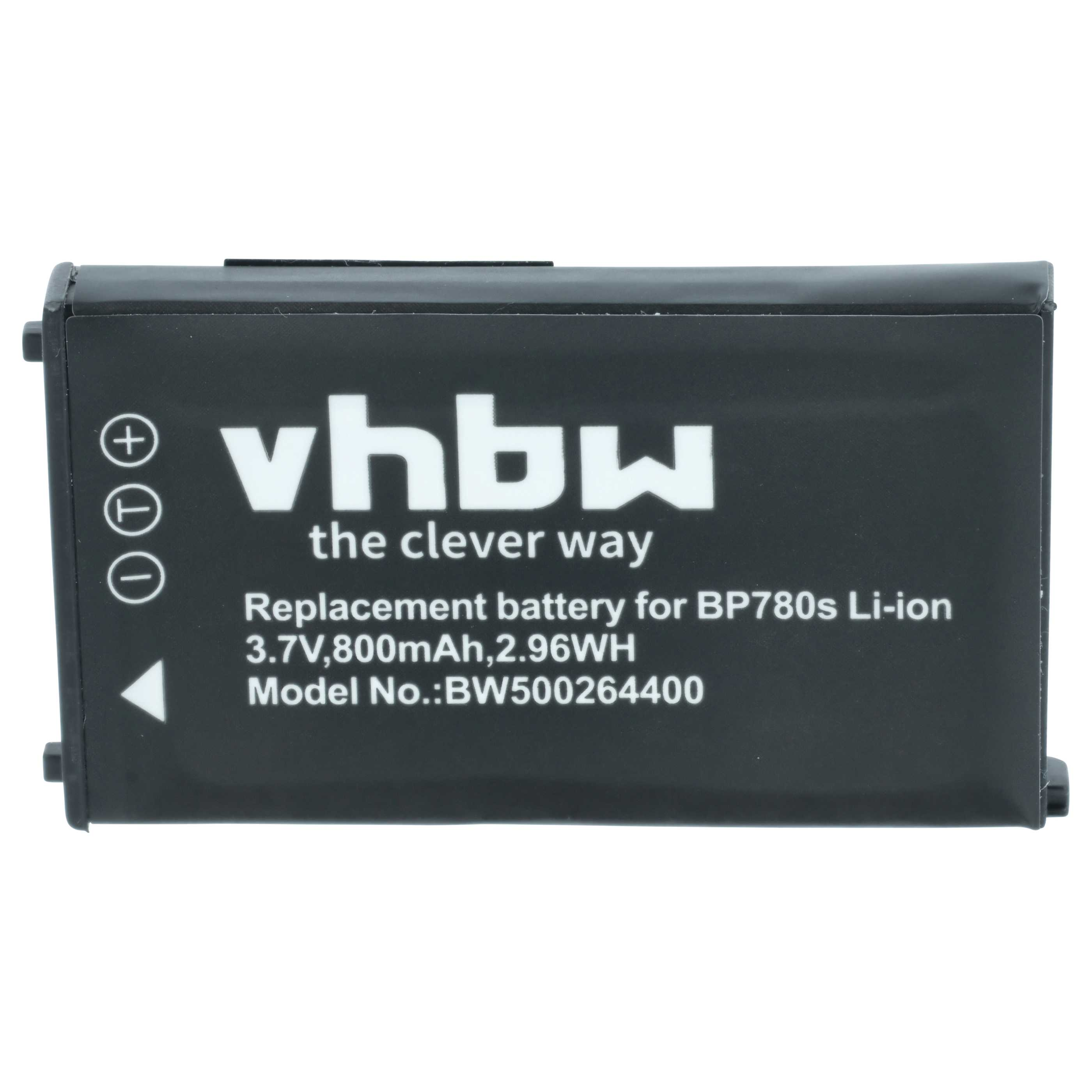 Ein schwarzer Akku mit weißem Text. Es steht vhbw, the clever way und weitere Details wie 3,7 V, 800 mAh.
