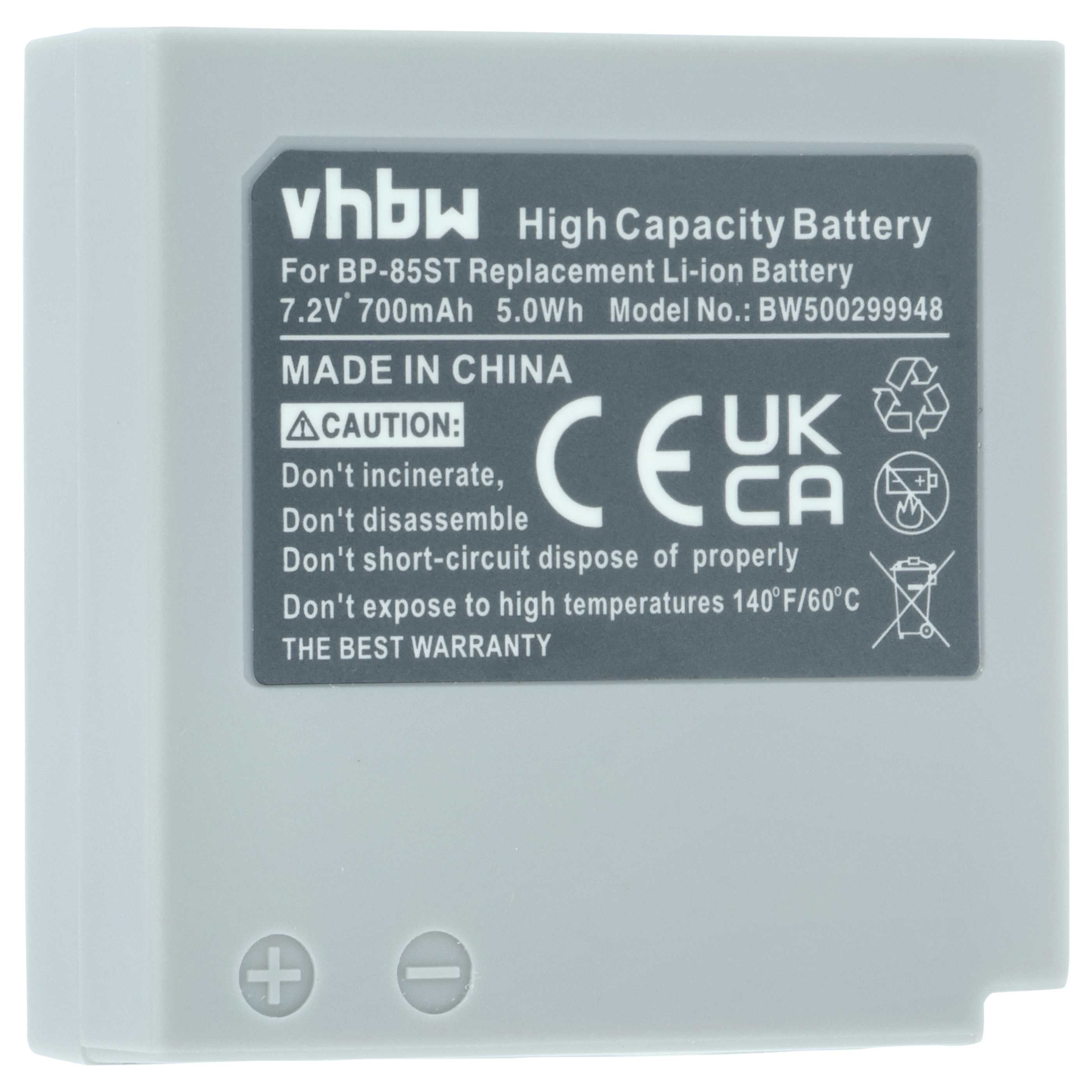 Graue Batterie mit Aufkleber. Auf dem Etikett stehen vhbw, High Capacity Battery und Warnhinweise. Hergestellt in China.