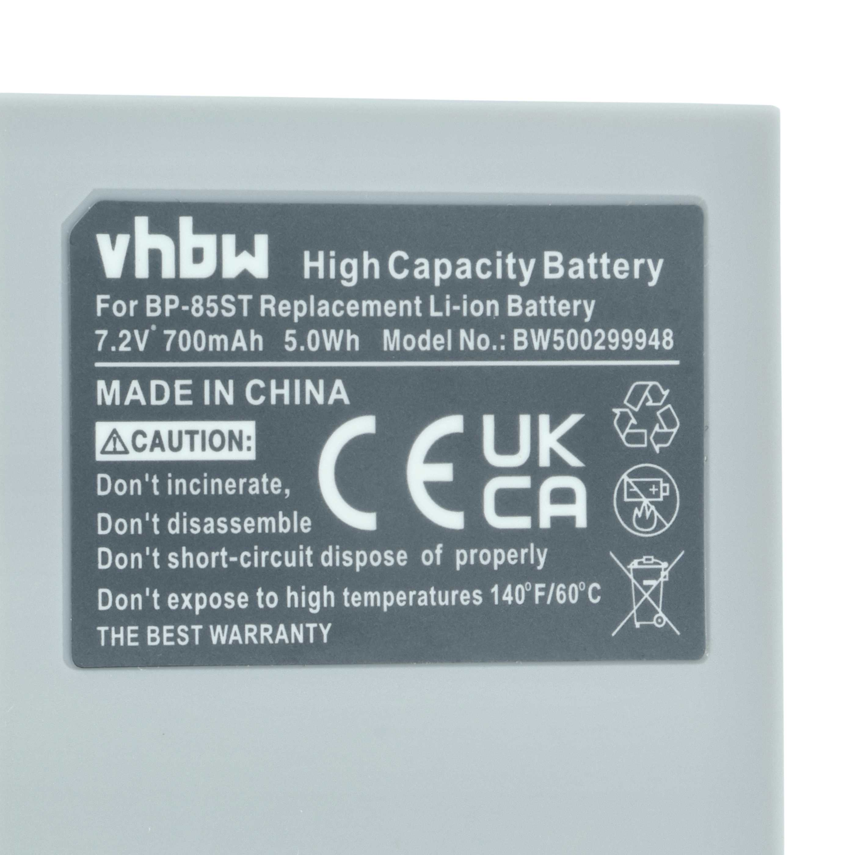Ein graues Batterieetikett zeigt Warnungen und Spezifikationen. Es steht "High Capacity Battery", "Made in China".