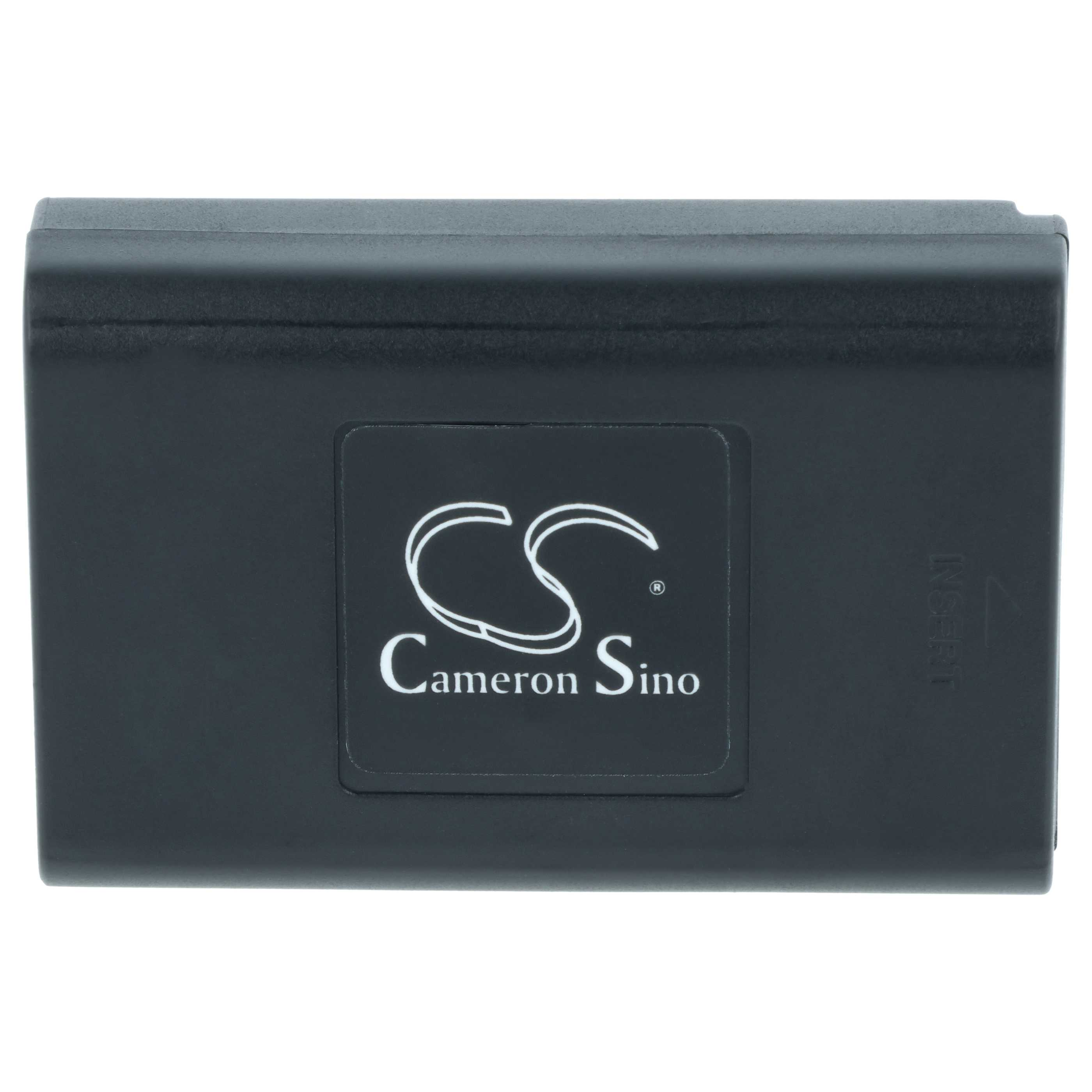 Ein rechteckiger schwarzer Akku mit weißem Logo und Text 'Cameron Sino'. Auf der Seite steht 'Insert'.