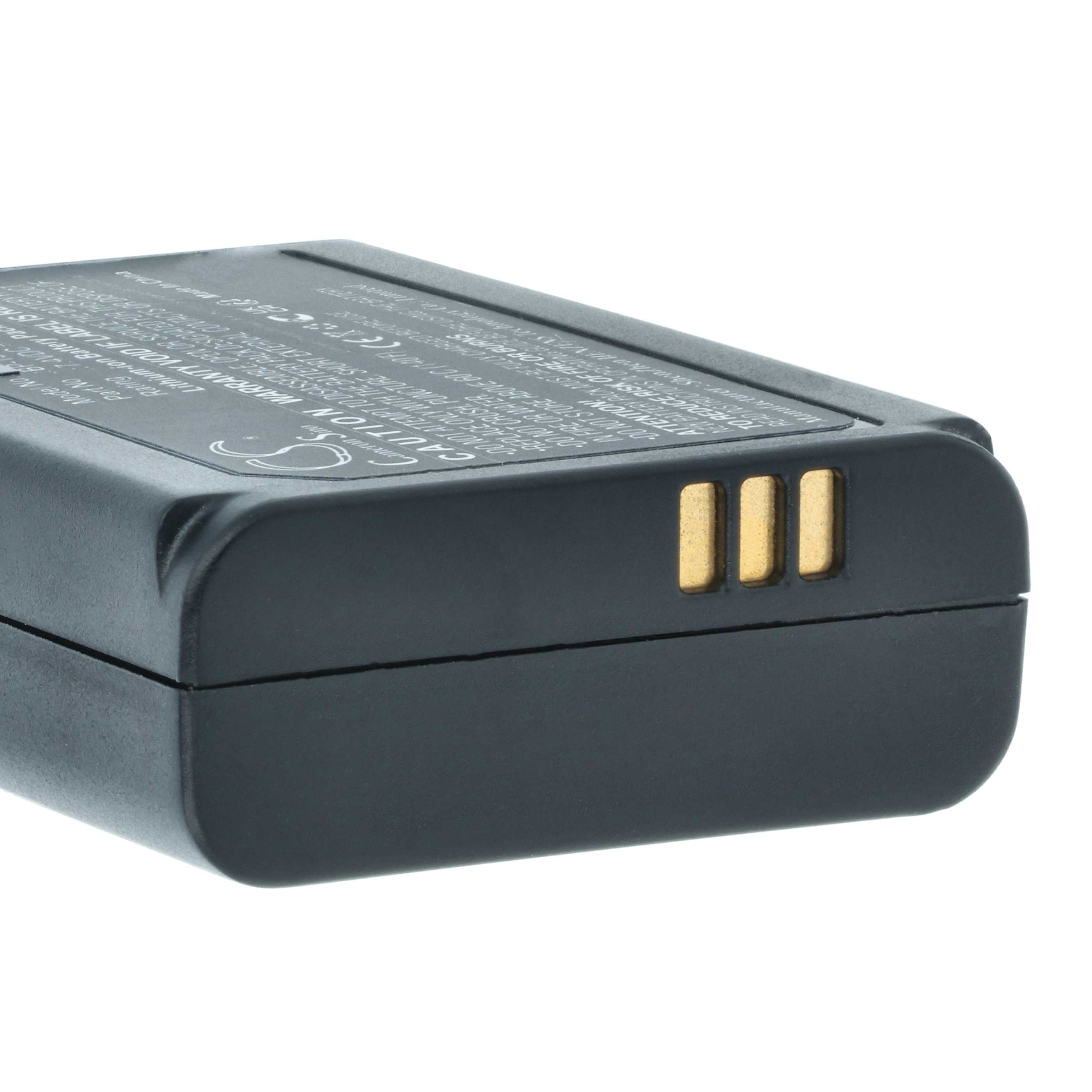 Nahaufnahme einer schwarzen Batterie mit goldenen Anschlüssen, weißem Hintergrund und Text oben.