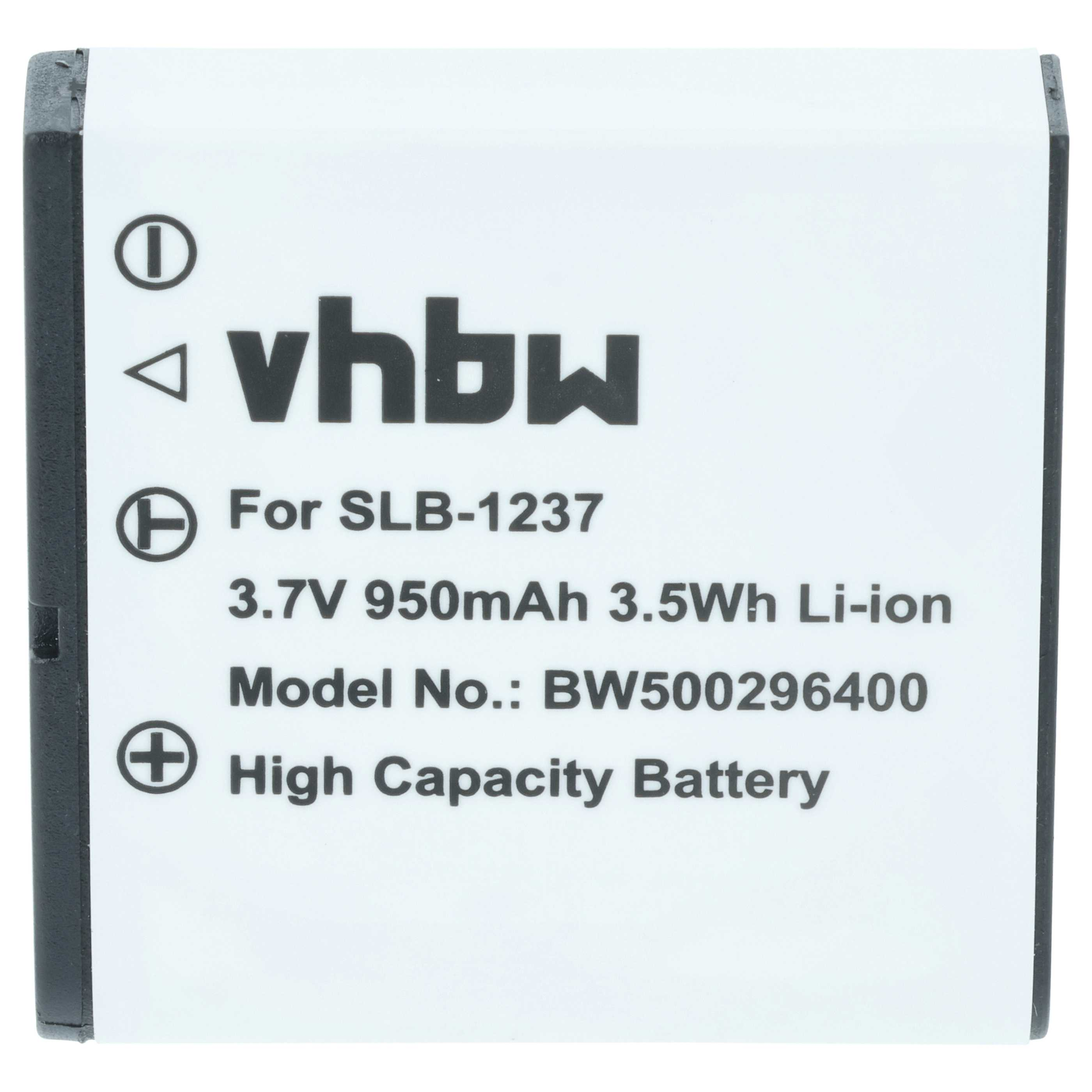 Ein weißer Akku mit schwarzen Rändern. Der Text enthält 'vhbw', '3,7V' und 'High Capacity Battery'.