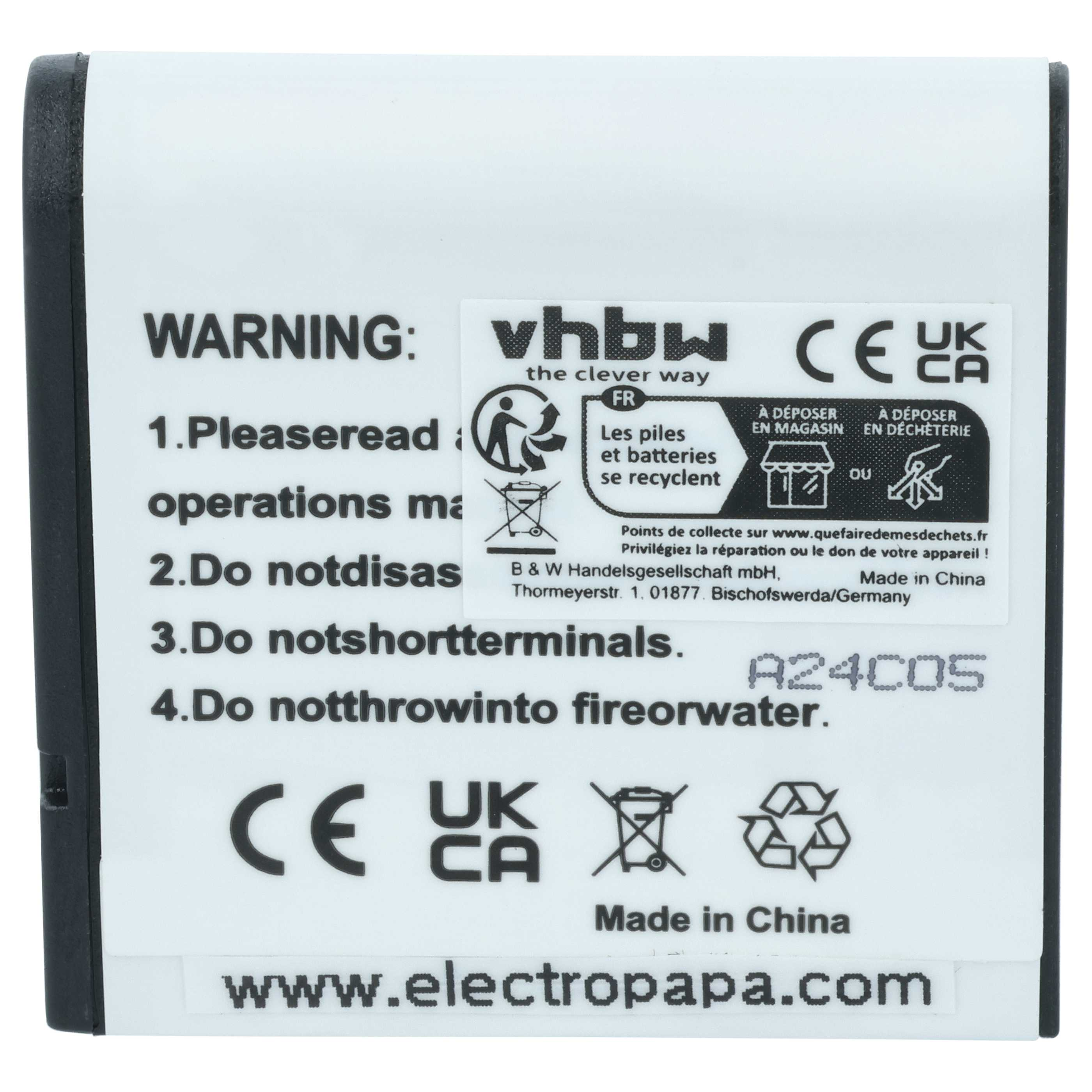 Weiße Batterie mit schwarzen Rändern, Warnhinweisen, Recyclingsymbolen und Text. Die Website ist www.electropapa.com.