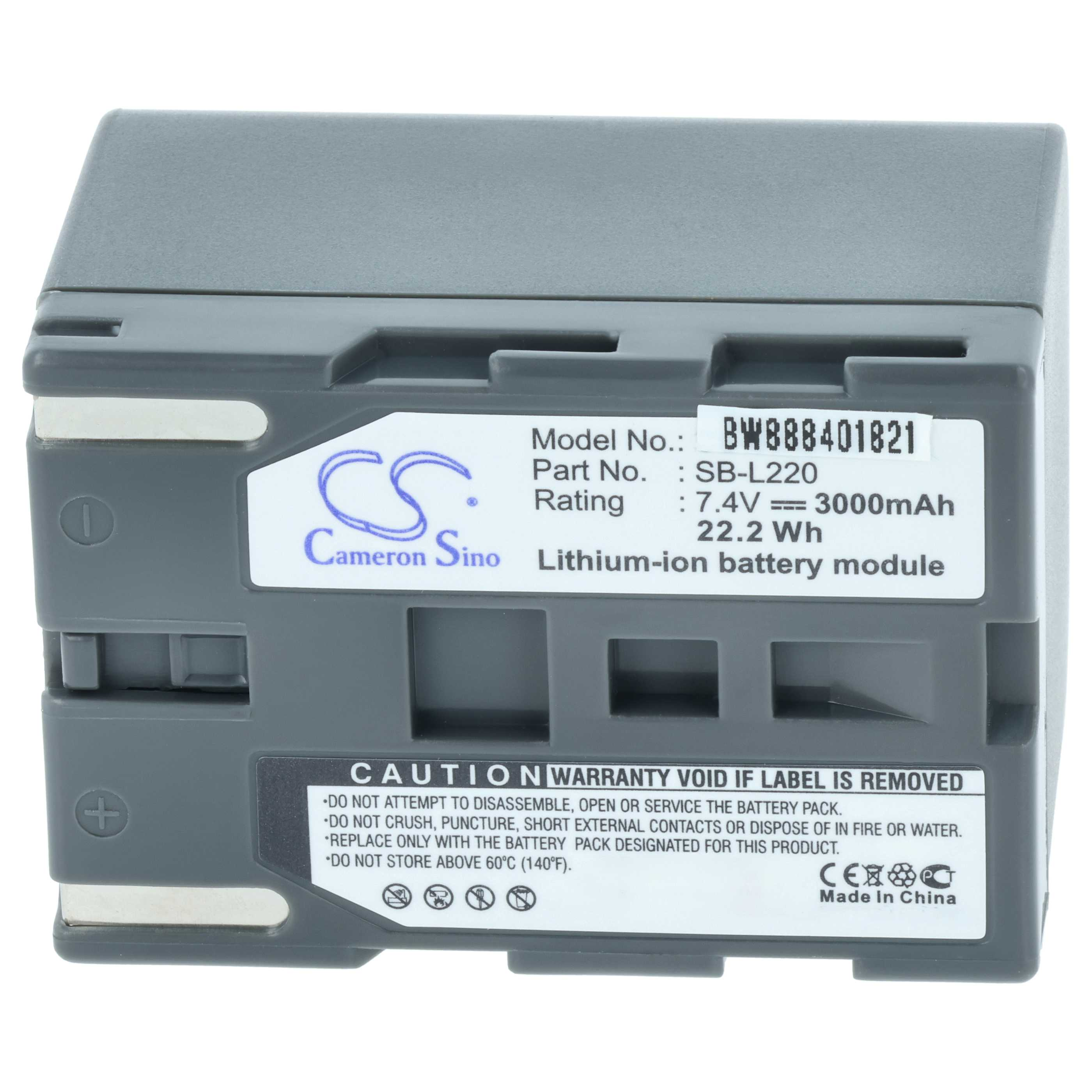 Graue Lithium-Ionen-Batterie mit Text: Modell-Nr., Teilenr., Bewertung und Sicherheitshinweisen. Es hat ein Cameron Sino Logo.