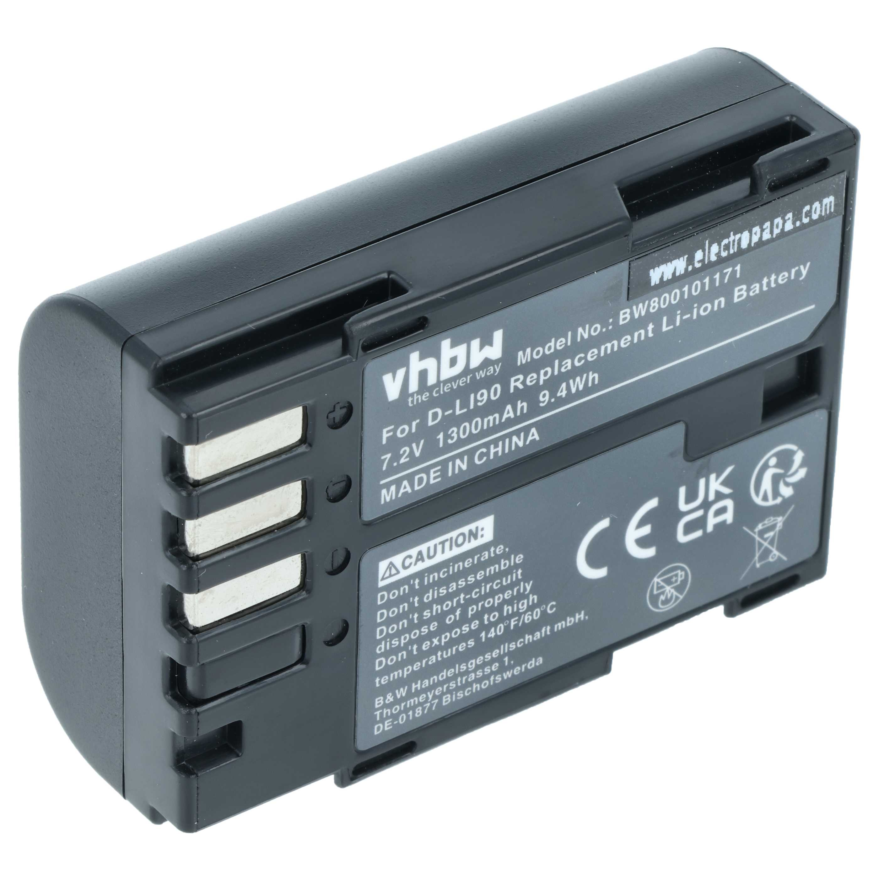 Ein schwarzes rechteckiges Akku-Pack mit weißem Text. Es hat ein Warnschild und die Worte 'www.electropapa.com'.