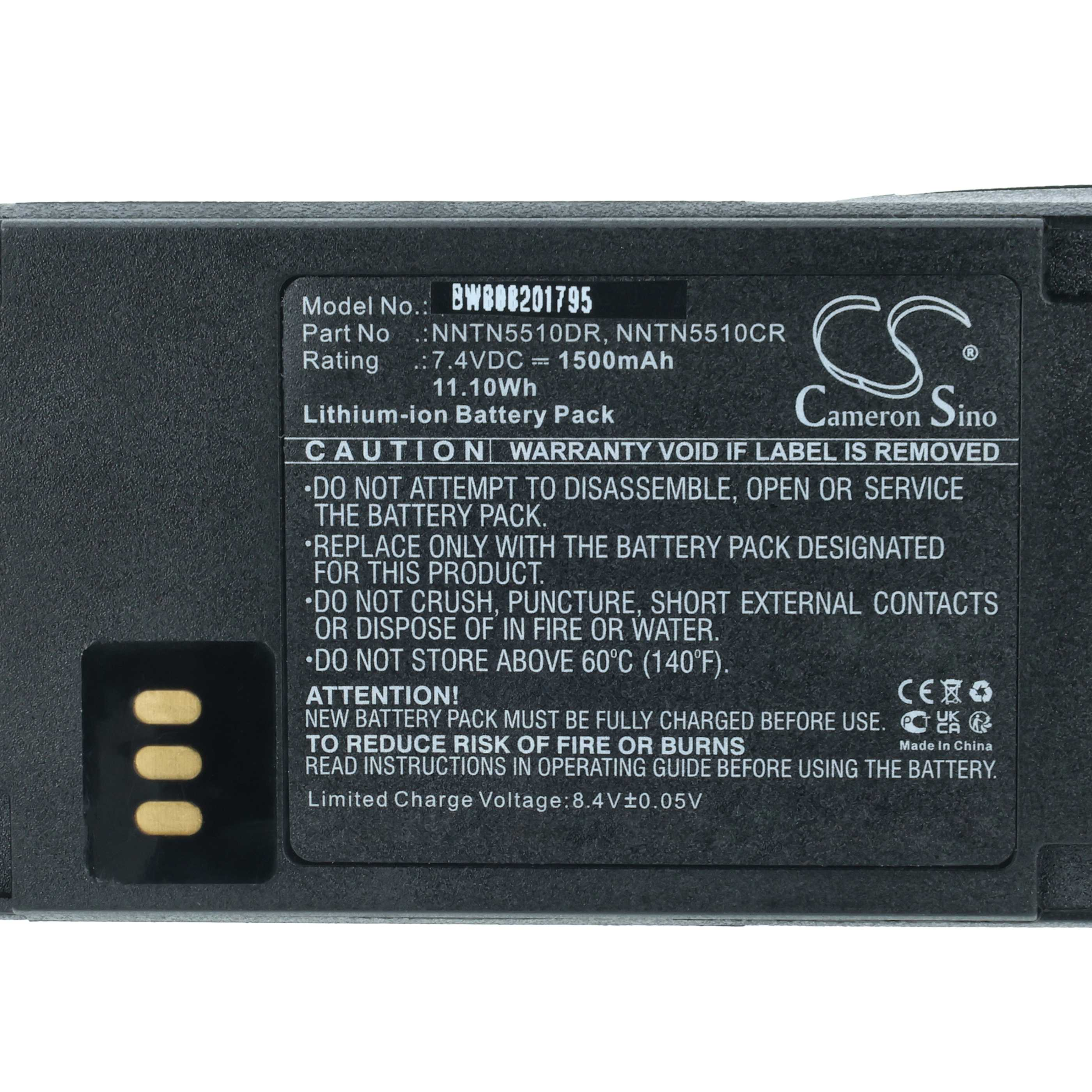 Ein schwarzer Akku mit Textetiketten, Warnhinweisen und einem Logo. Es steht Lithium-Ionen-Akkupack.