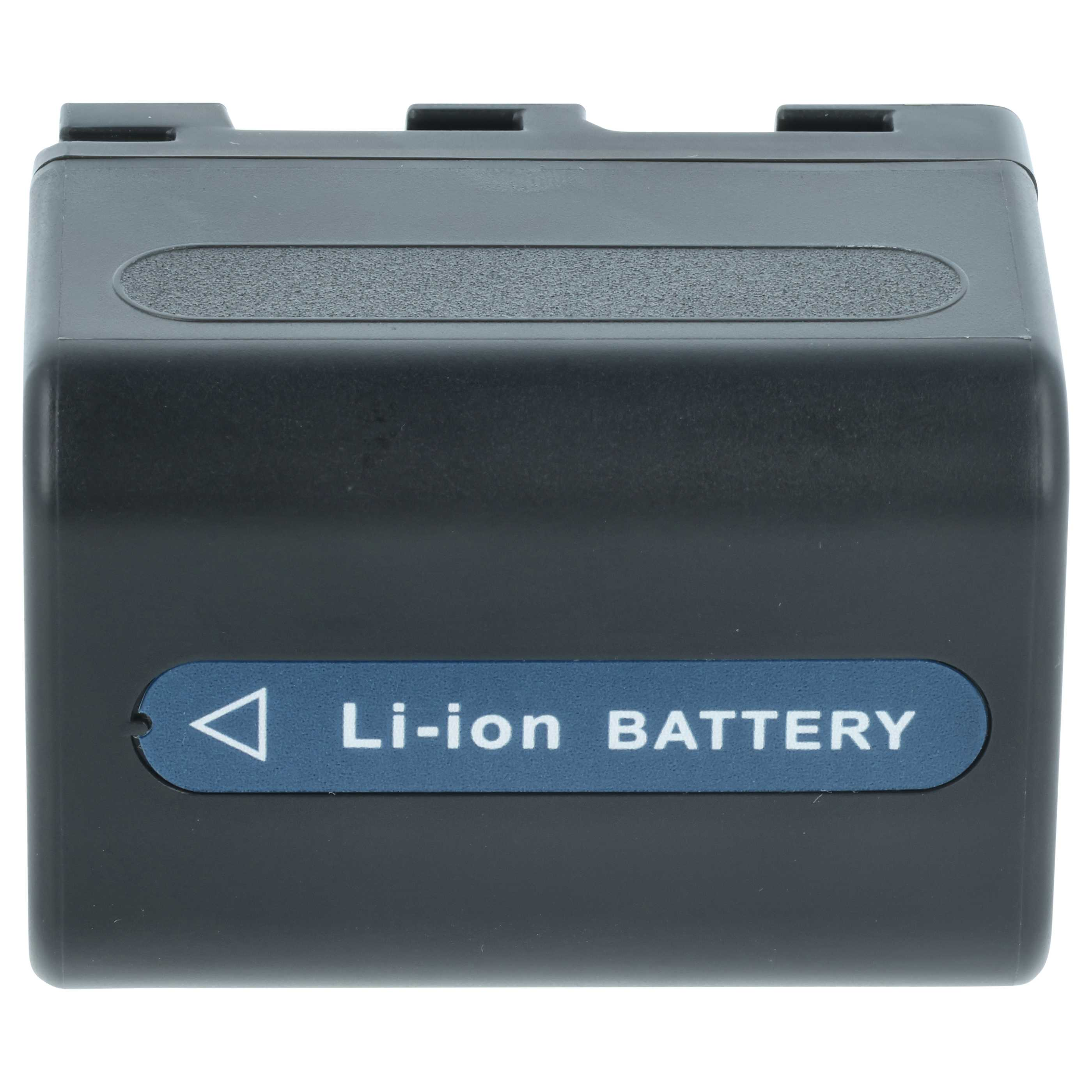 Ein schwarzer Li-Ionen-Akku mit blauem Etikett. Auf dem Etikett steht 'Li-ion BATTERY'. Der Akku ist auf weißem Grund.