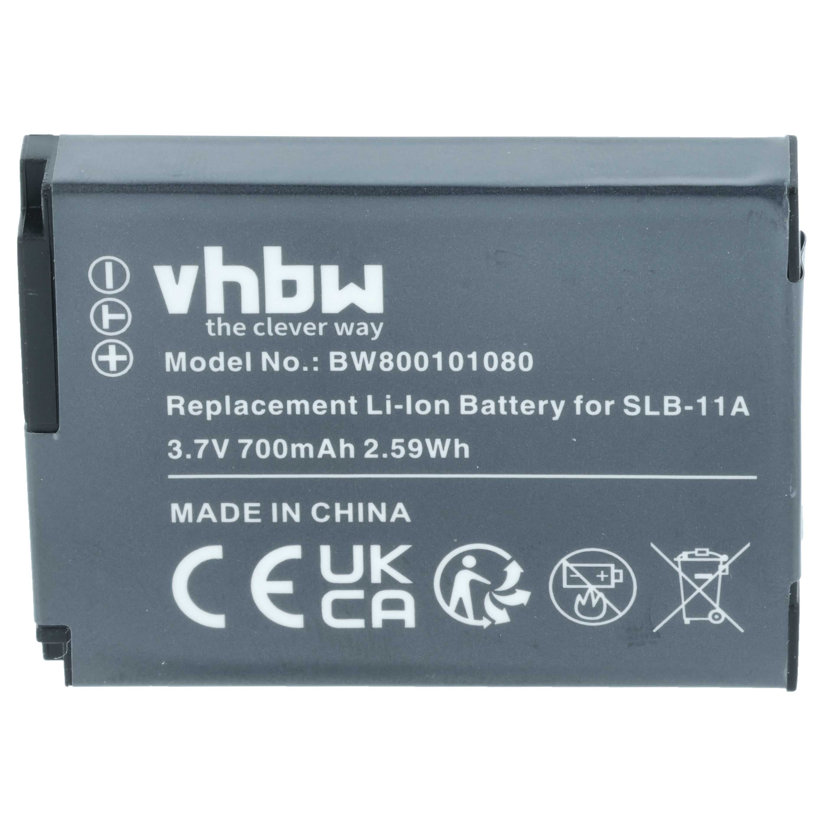 Ein grauer Akku mit weißem Text. Er hat ein Logo, Modelldetails und Sicherheitssymbole. Hergestellt in China.