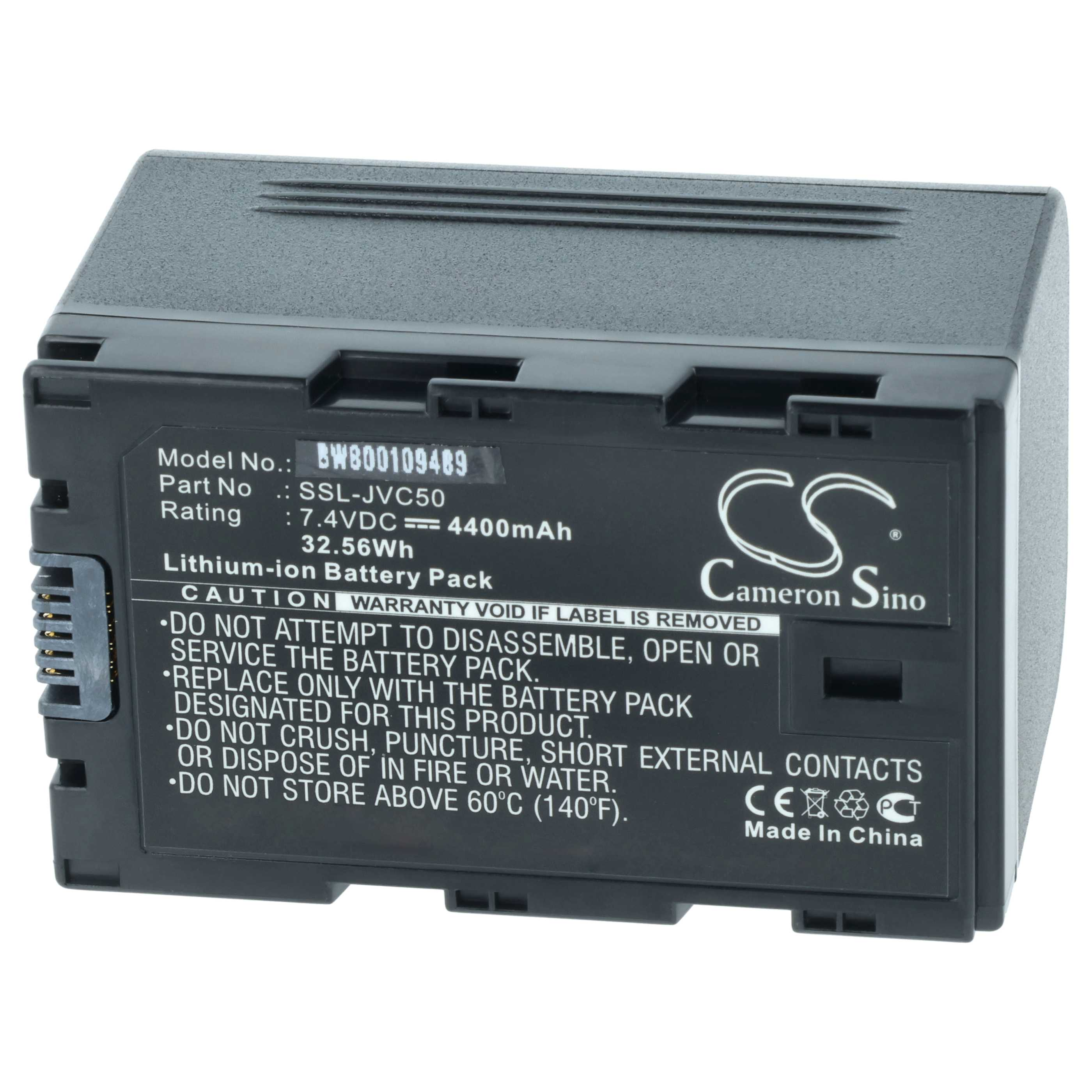 Schwarzer Akku mit weißem Text. Er hat einen Anschluss an der Seite, mit Warnungen und Spezifikationen.
