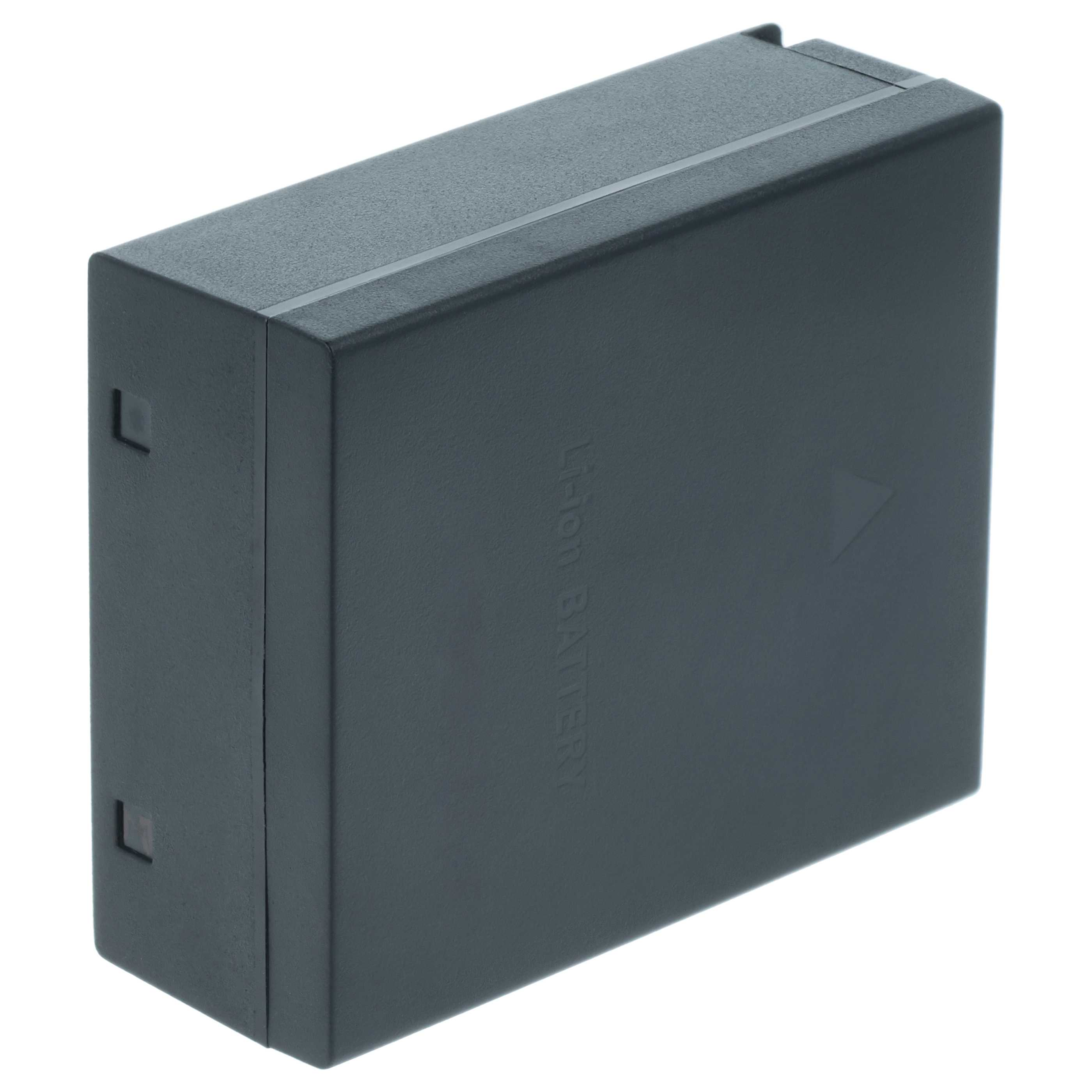 Ein dunkelgrauer rechteckiger Akku, leicht angewinkelt, mit dem Wort 'Li-ion BATTERY' auf der Seite.