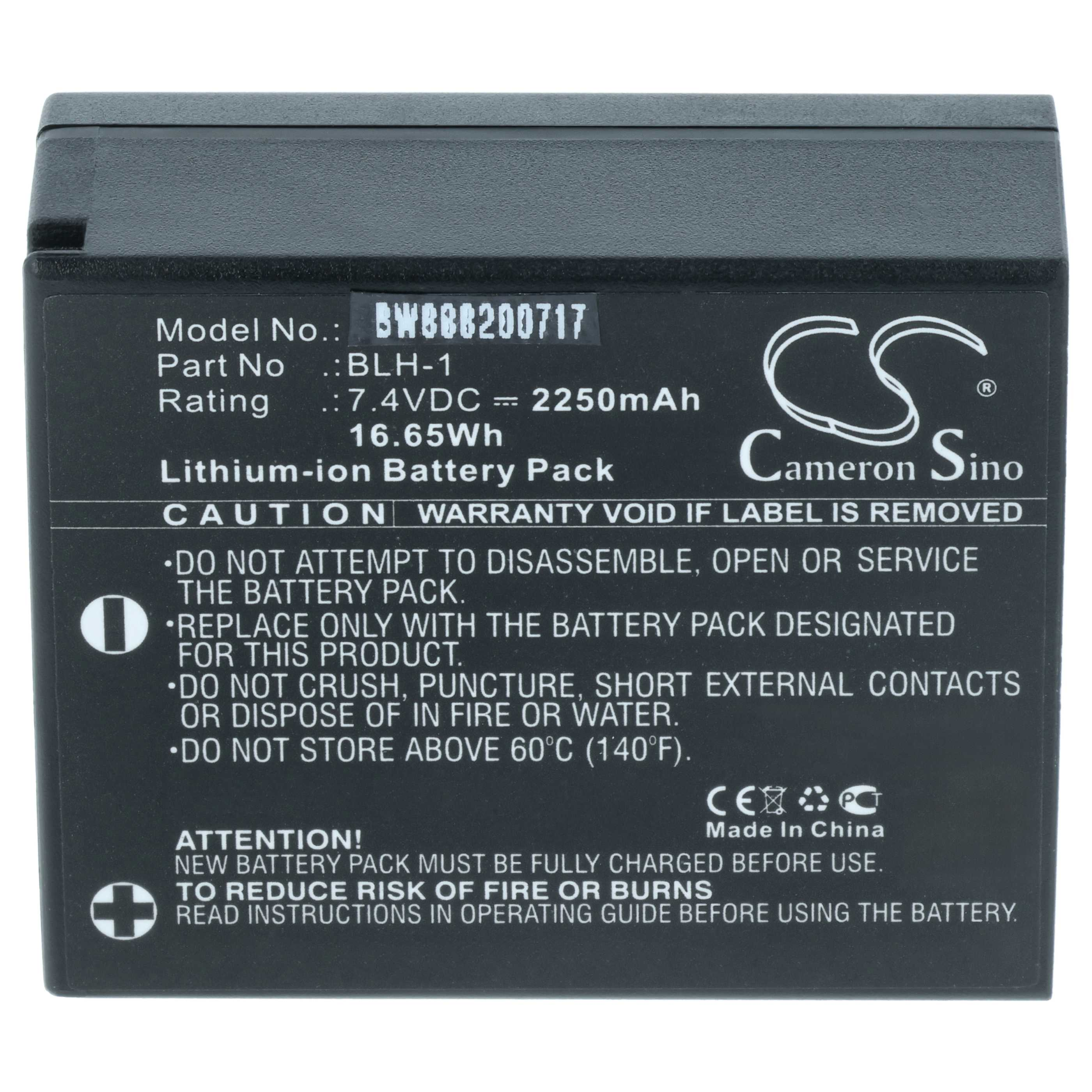 Ein schwarzer Lithium-Ionen-Akku mit weißem Text, einschließlich Warnungen und Spezifikationen. Die Marke ist Cameron Sino.