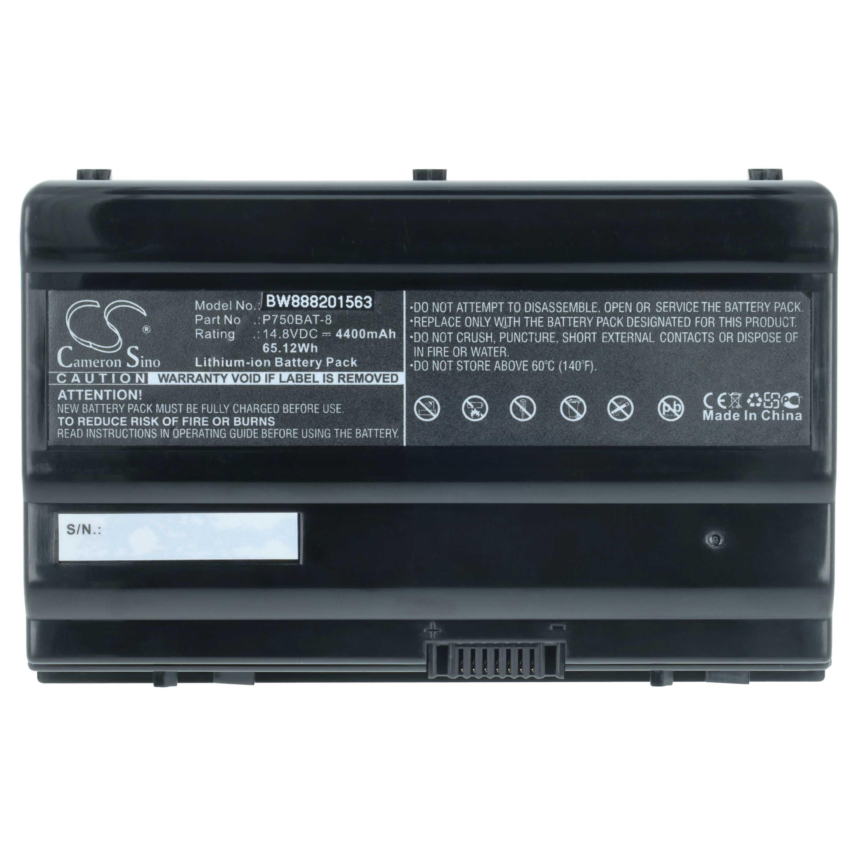 Ein schwarzes Lithium-Ionen-Akkupack mit Warnhinweisen. Es hat Modellinformationen und einen Anschluss.