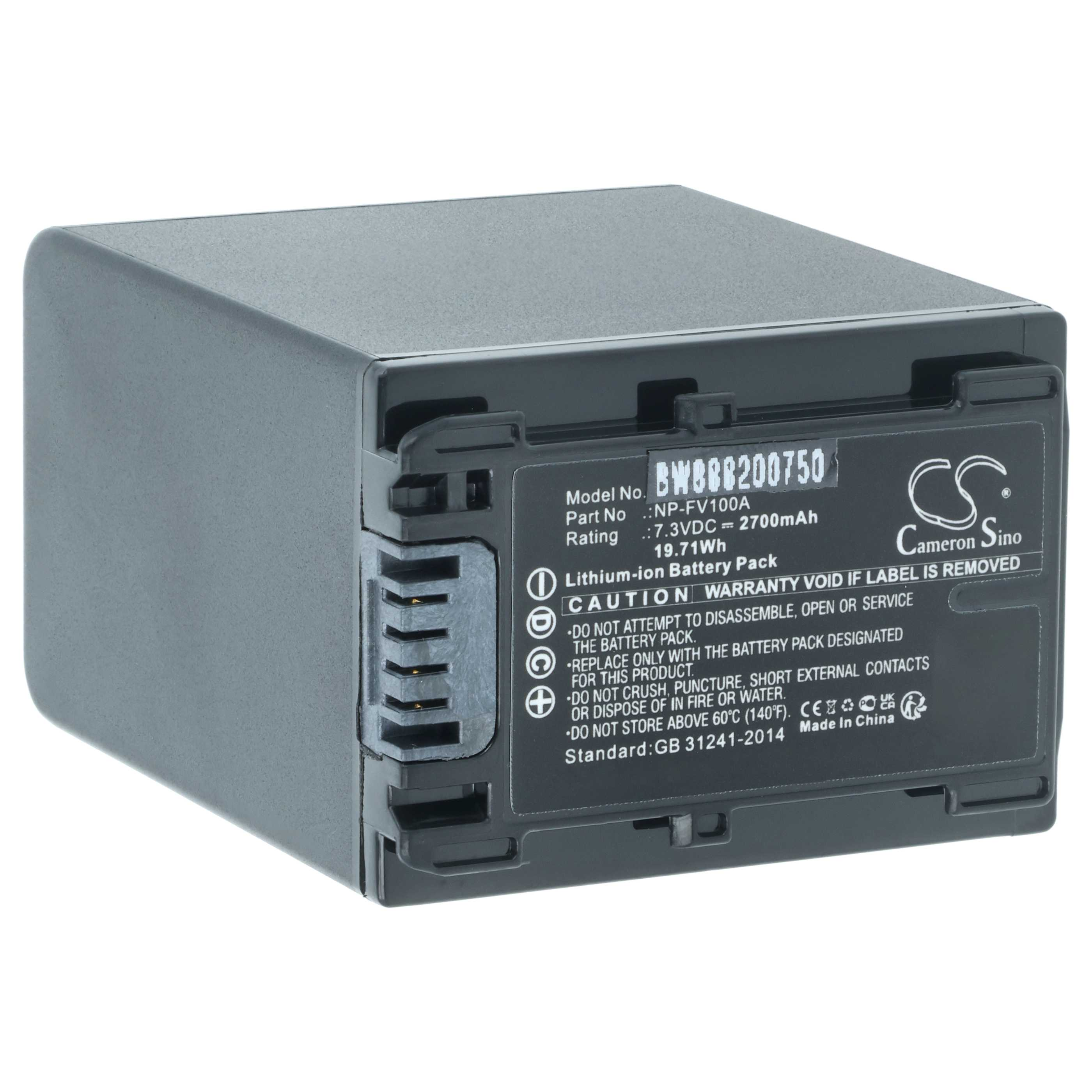Ein graues Lithium-Ionen-Akkupack mit schwarzem Etikett, weißem Text und Markenlogo.