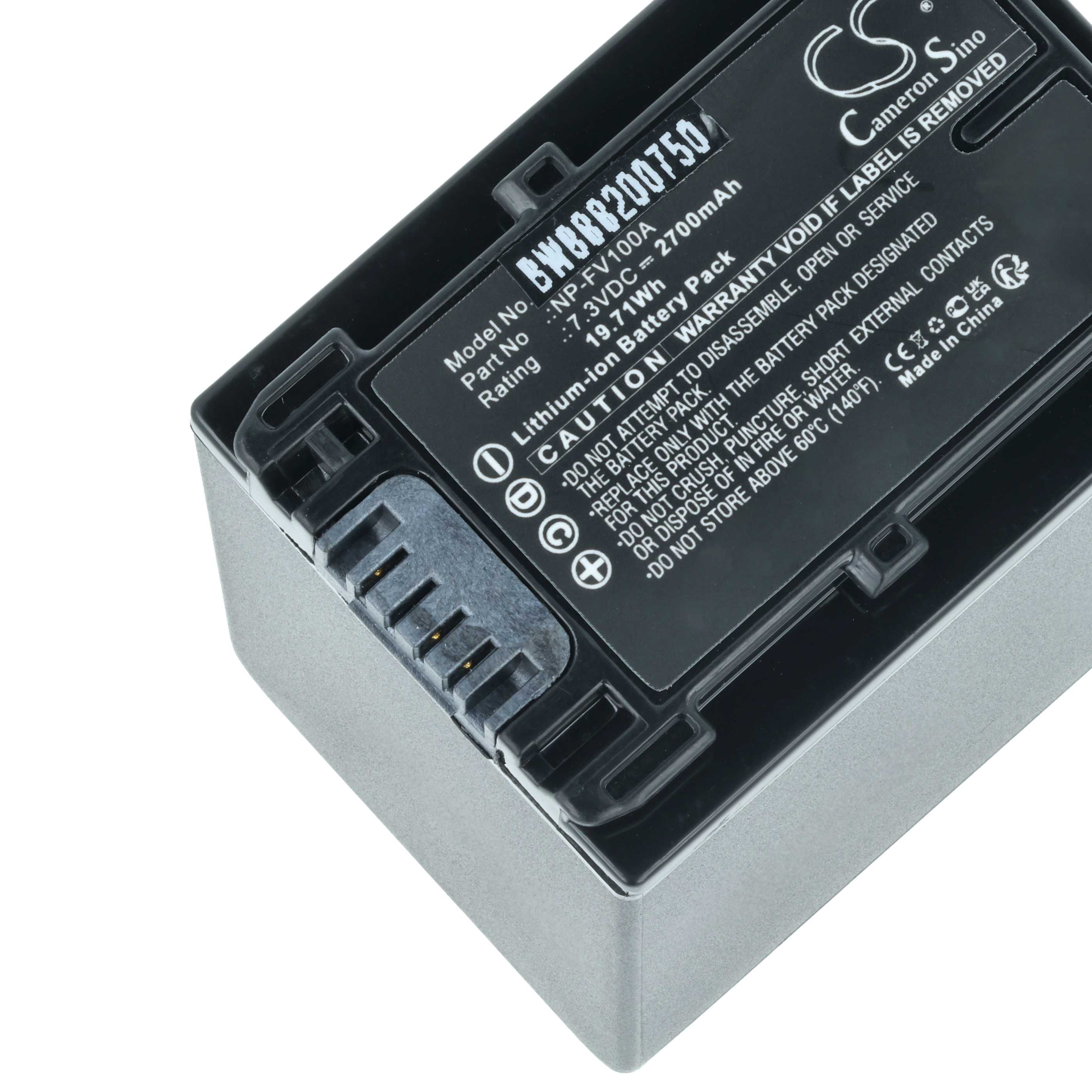 Nahaufnahme eines schwarzen Akkus mit weißem Text. Er hat ein metallisch-silbernes Gehäuse. Auf dem Etikett steht 'Lithium-Ionen-Akkupack'.
