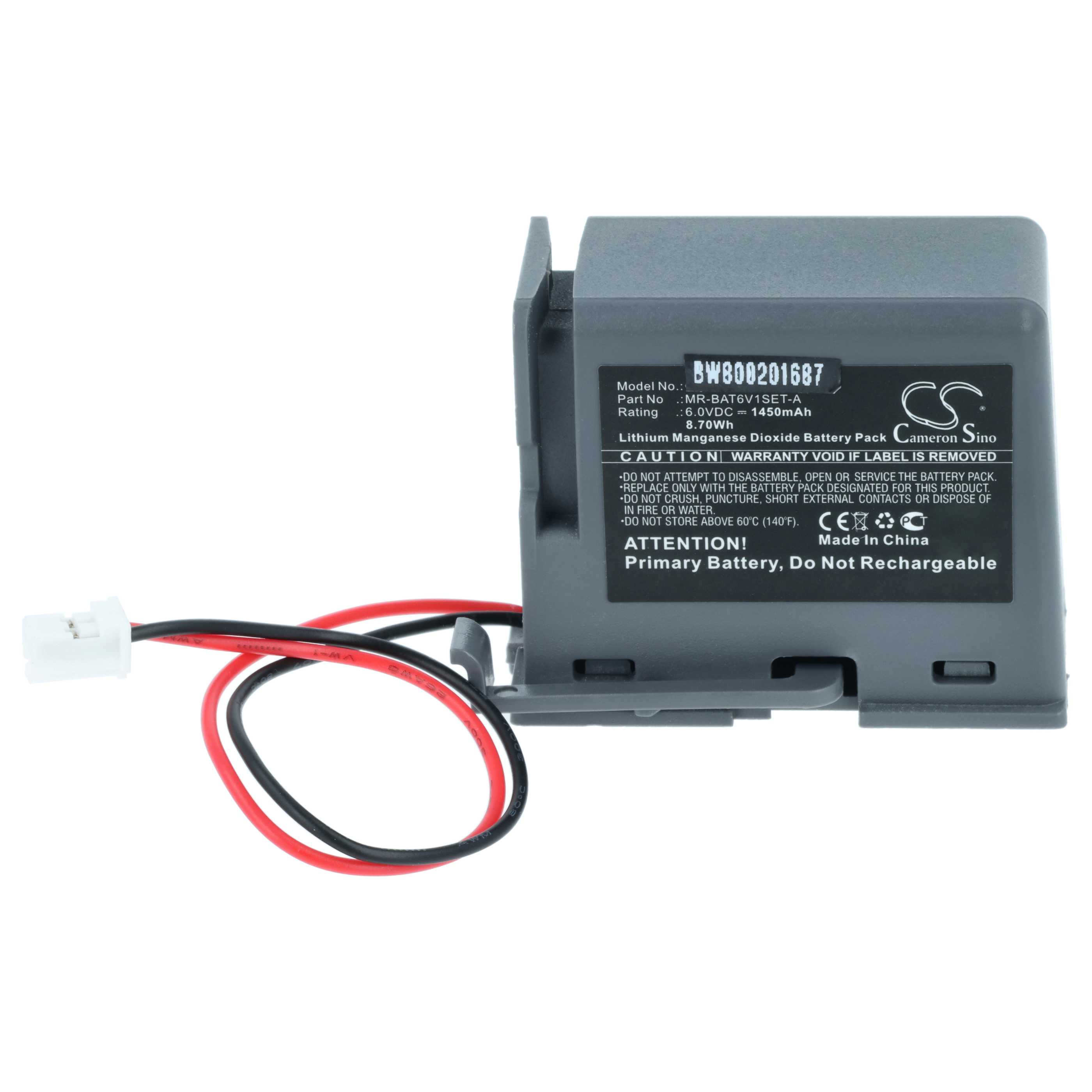 Grauer Akku mit Etiketten, schwarzen und roten Drähten und einem weißen Stecker. Etiketten liefern Details.