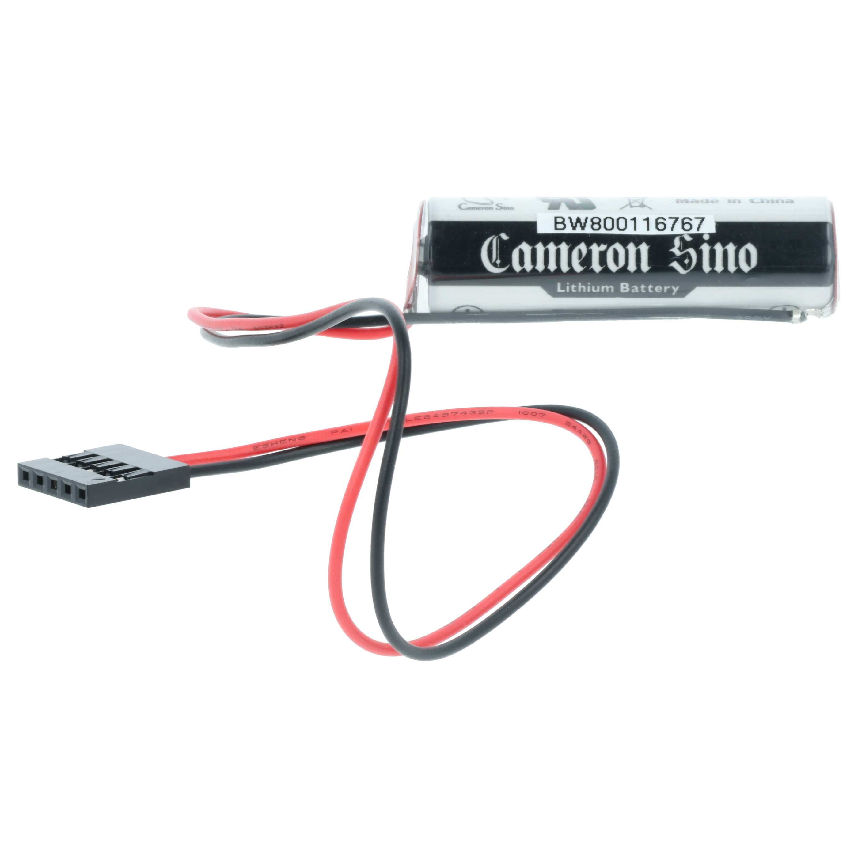 Eine Lithiumbatterie mit der Aufschrift 'Cameron Sino', verbundenen Drähten und einem Stecker auf weißem Hintergrund.