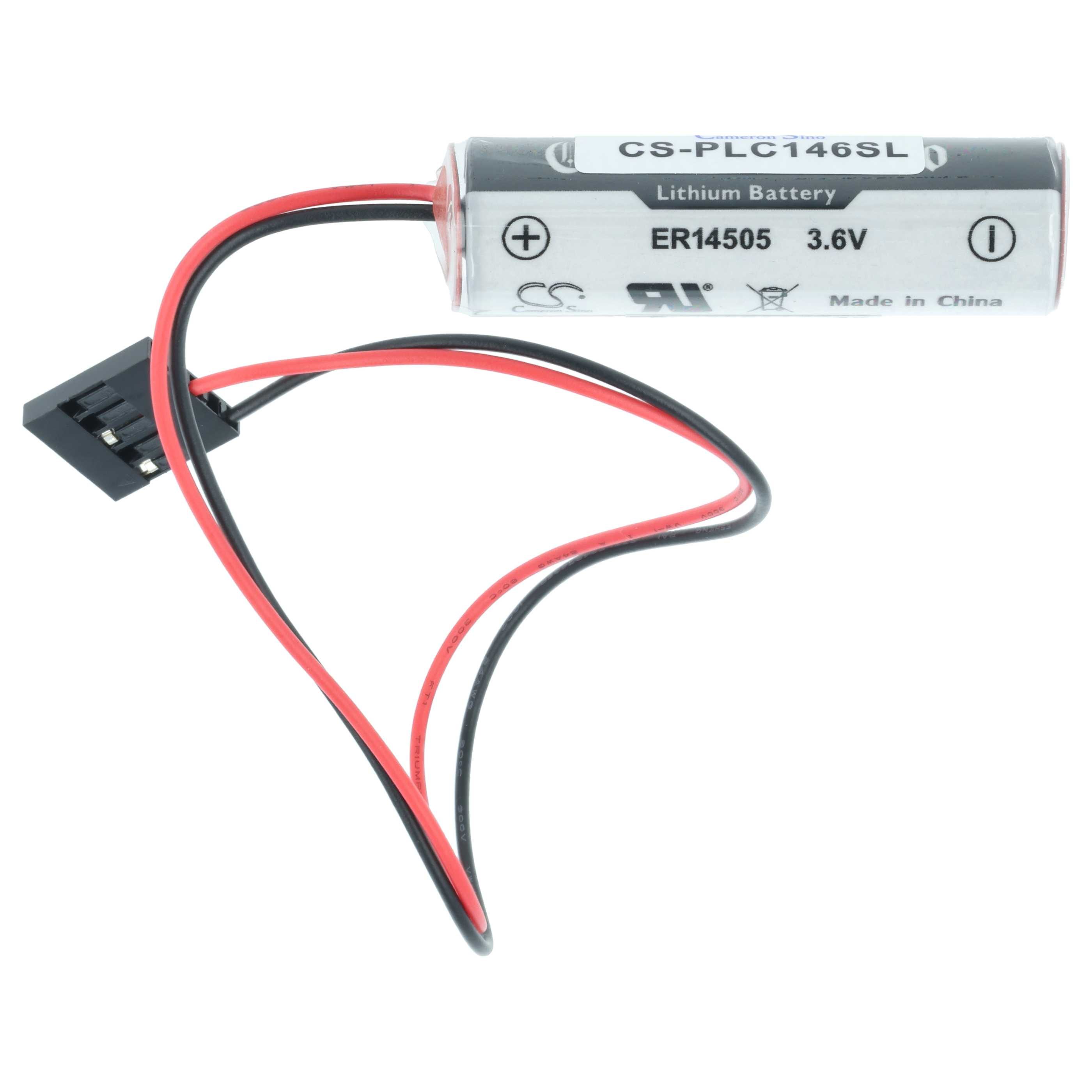 Eine Lithiumbatterie mit roten und schwarzen Drähten, die an einen schwarzen Stecker angeschlossen sind. Die Batterie ist zylindrisch.