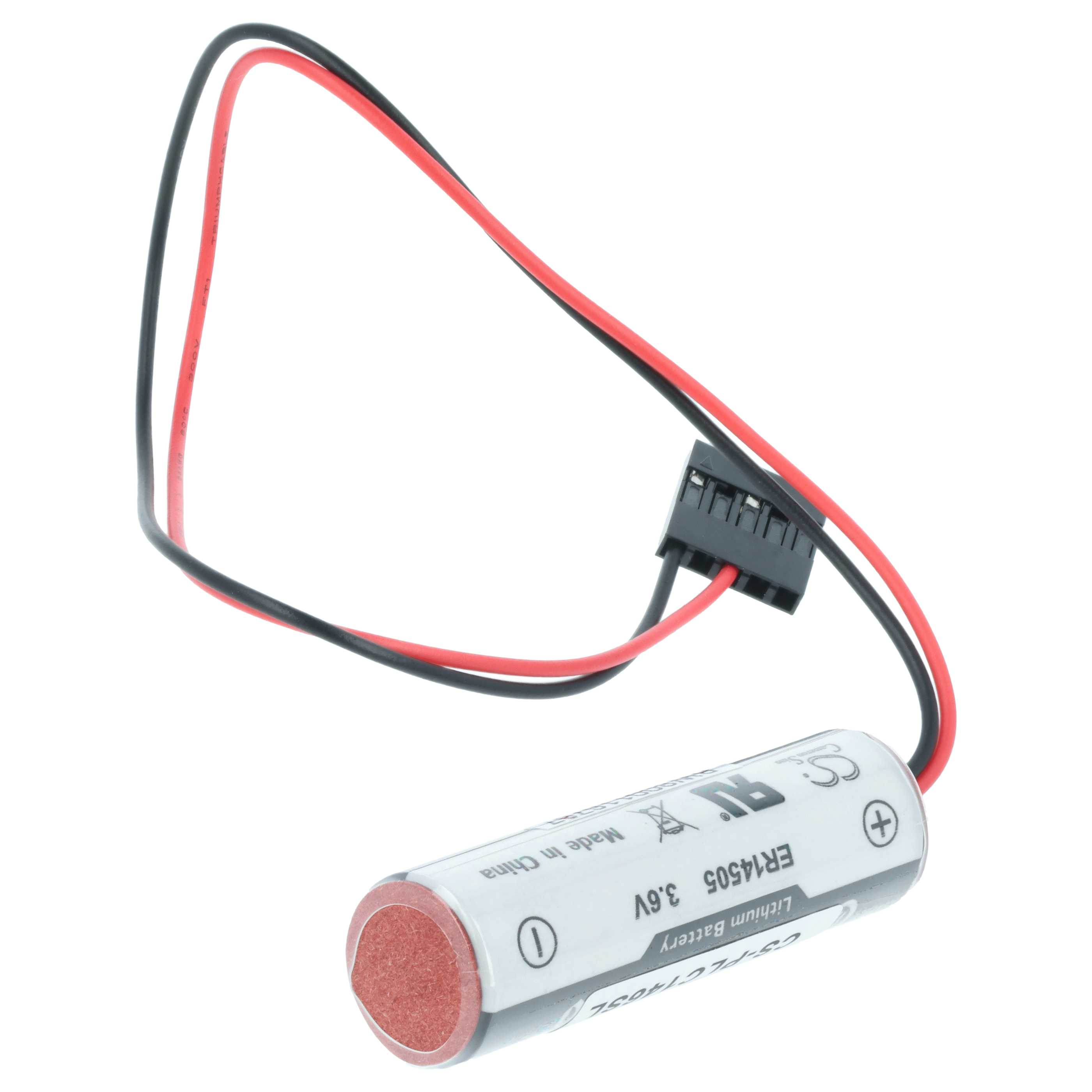 Eine Lithiumbatterie mit roten und schwarzen Drähten, die an einen schwarzen Stecker angeschlossen sind. Die Batterie ist weiß mit Text.
