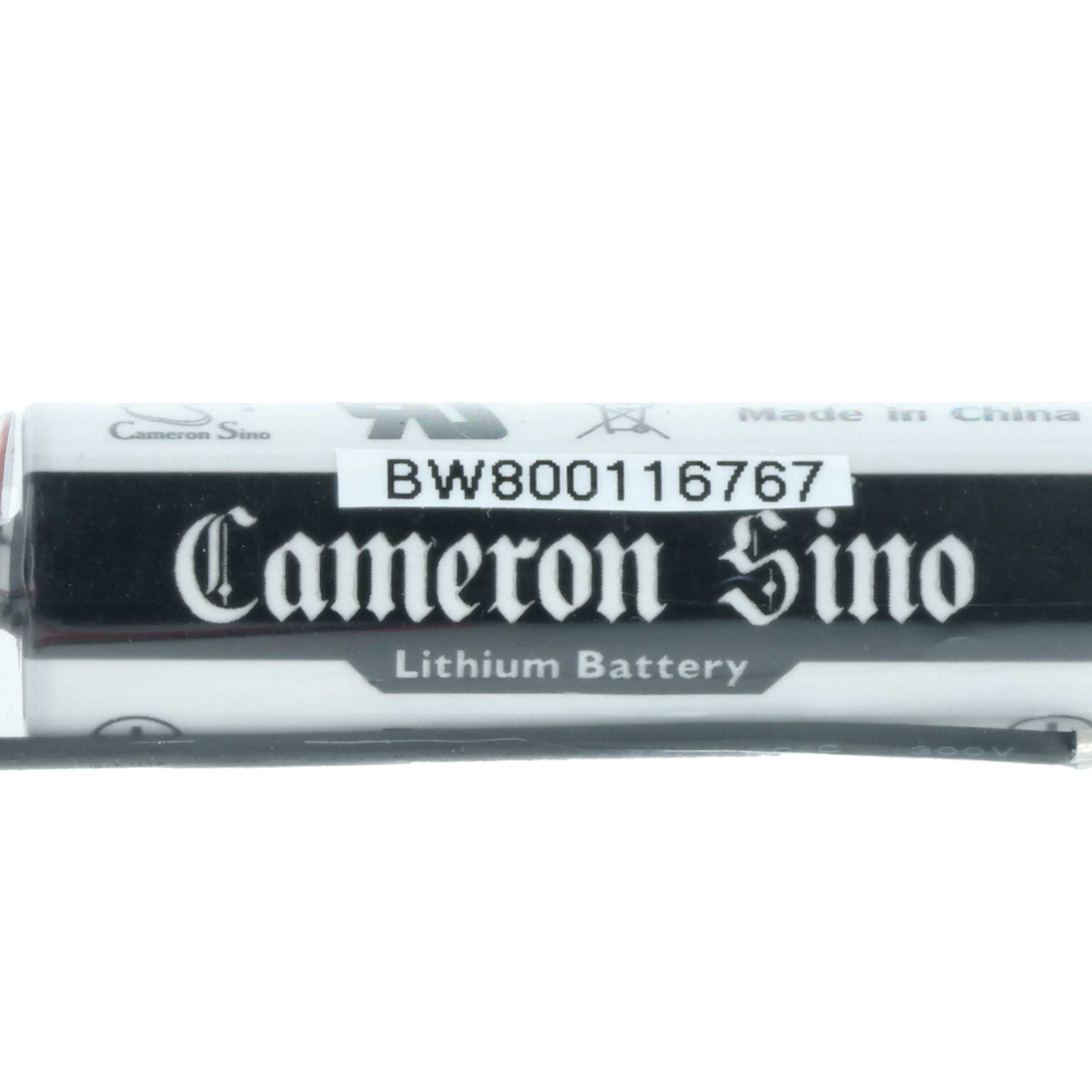Nahaufnahme einer Batterie mit dem Markennamen "Cameron Sino" und dem Text "Lithium Battery".
