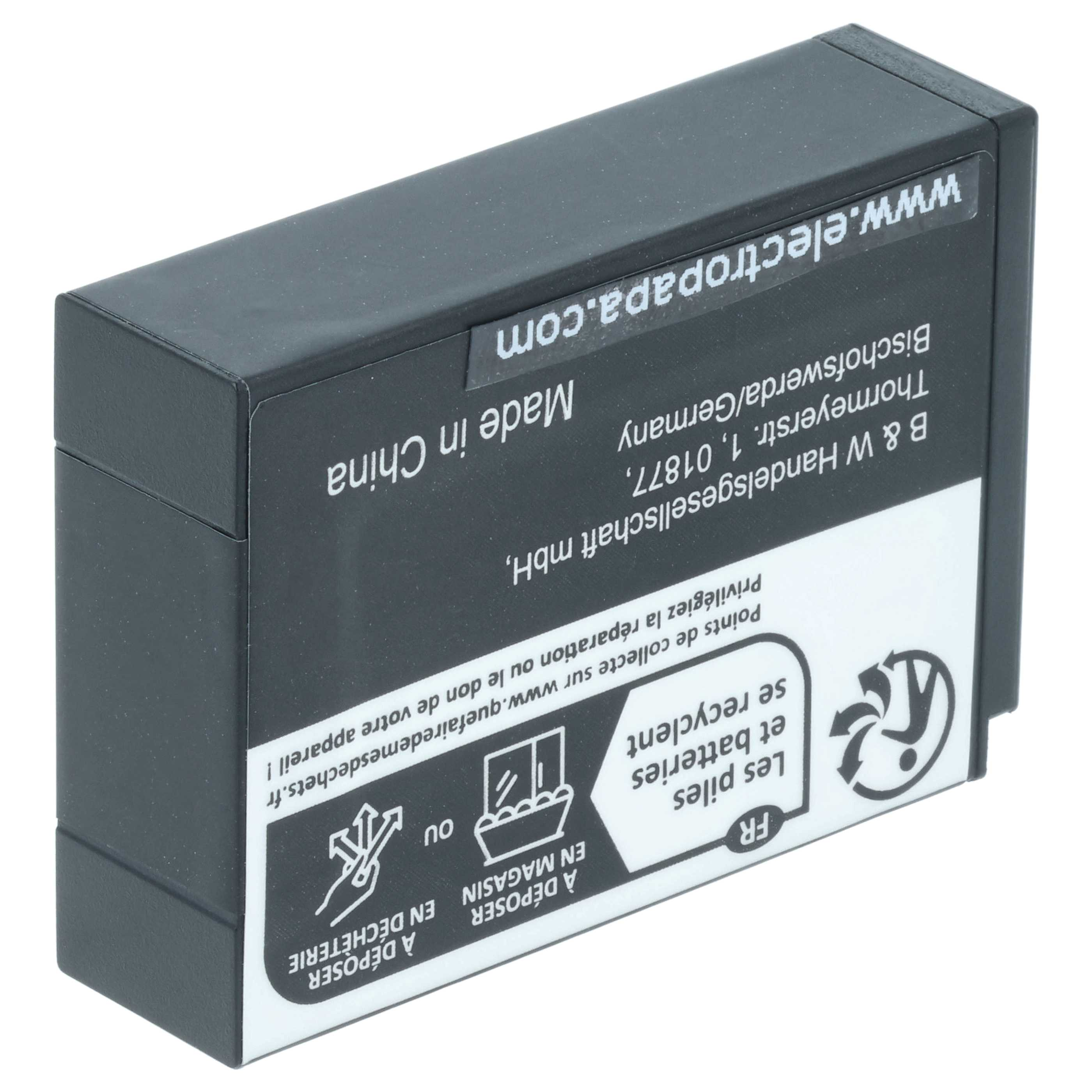Ein rechteckiger schwarzer Akku mit weißen Etiketten. Text enthält: Made in China, www.electropapa.com, Recyclingsymbole.