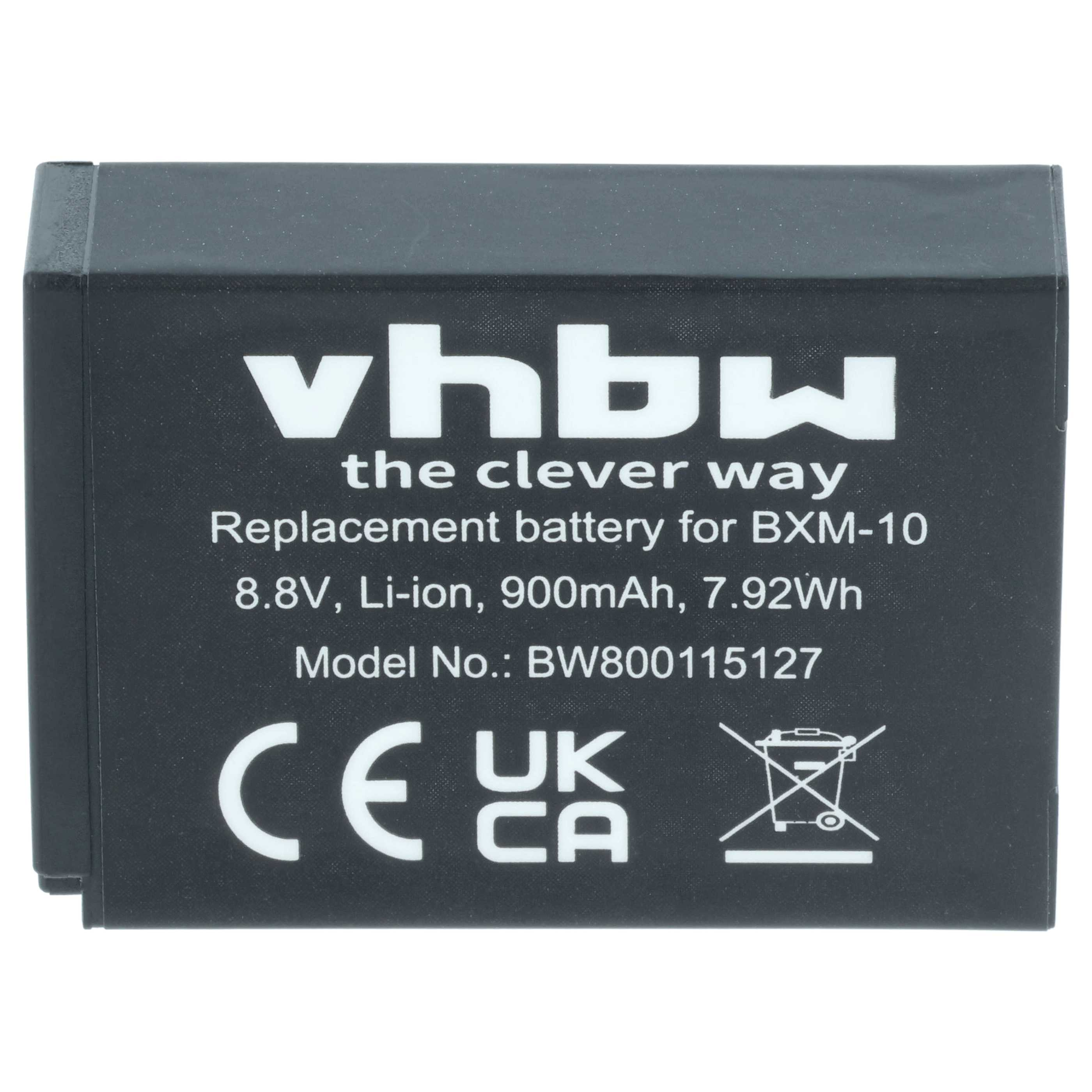 Ein schwarzer Akku mit weißem Text. Er sagt vhbw, Ersatzakku, 8,8 V, Li-Ion, 900 mAh, Modell-Nr.: BW800115127, CE, UK CA.