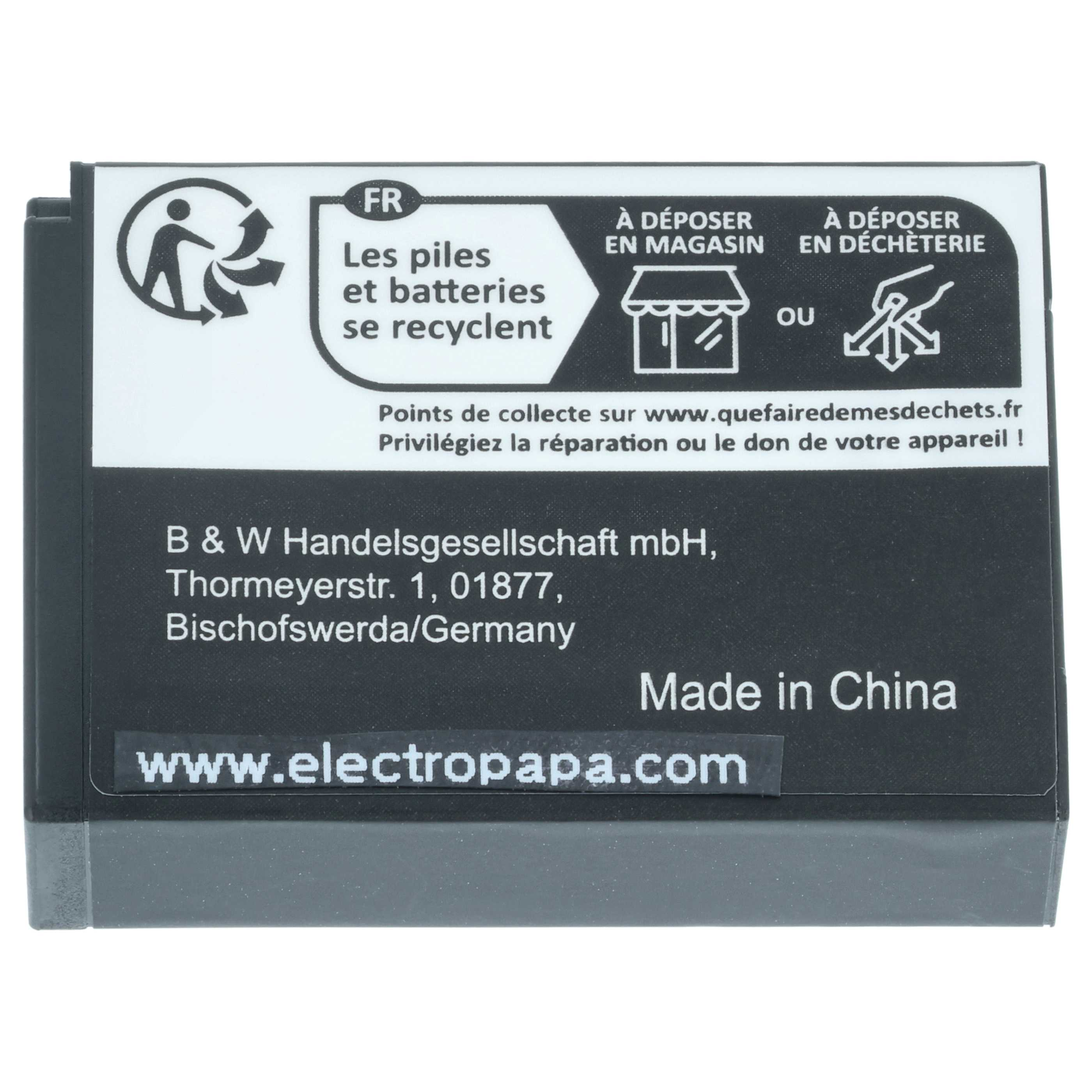 Ein rechteckiges Etikett mit französischem Text zum Batterierecycling. Das Etikett enthält Kontaktinformationen und 'Made in China'.