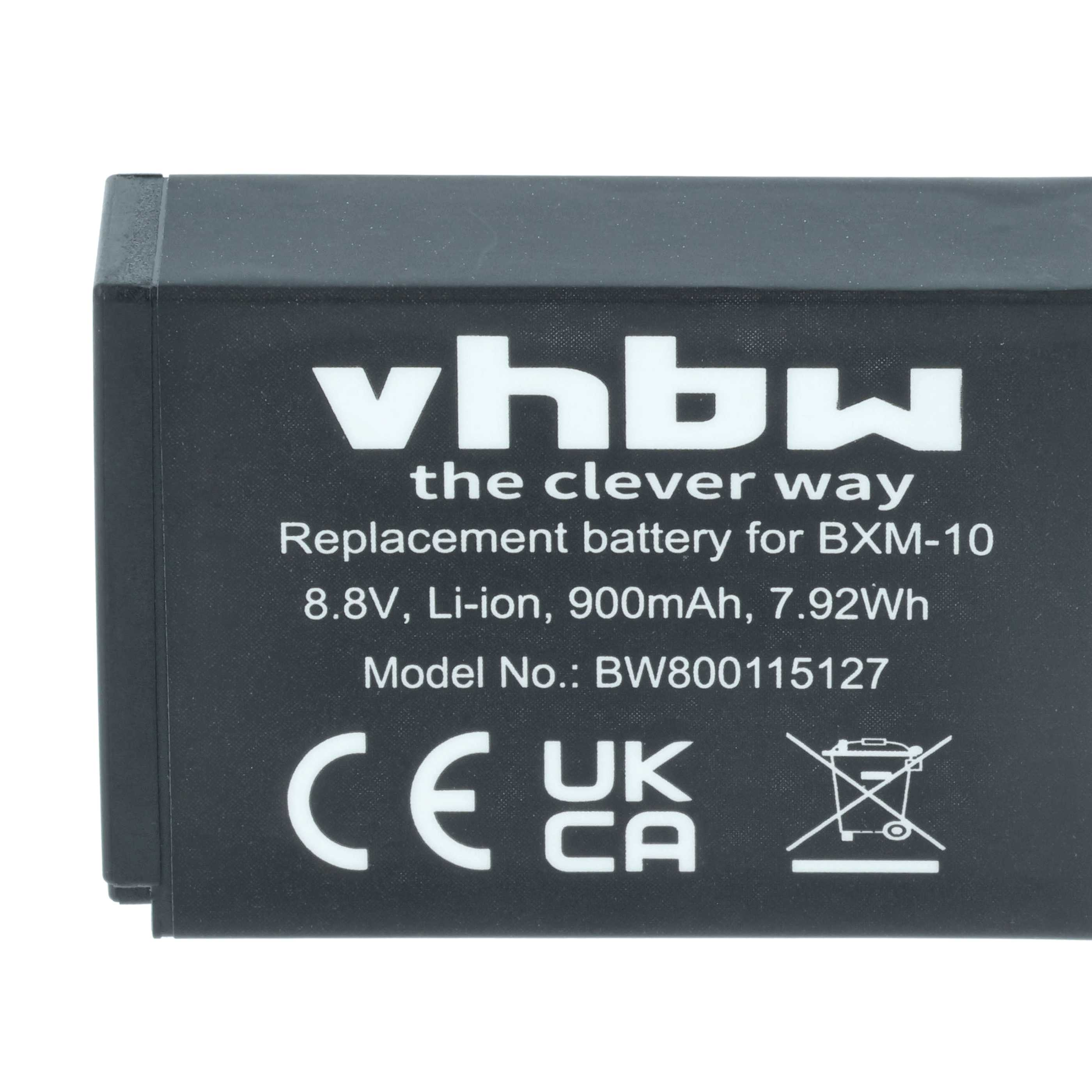 Schwarzer Akku mit weißem Text: vhbw, the clever way, Ersatzbatterie für BXM-10, 8,8 V, Li-Ion, 900 mAh.