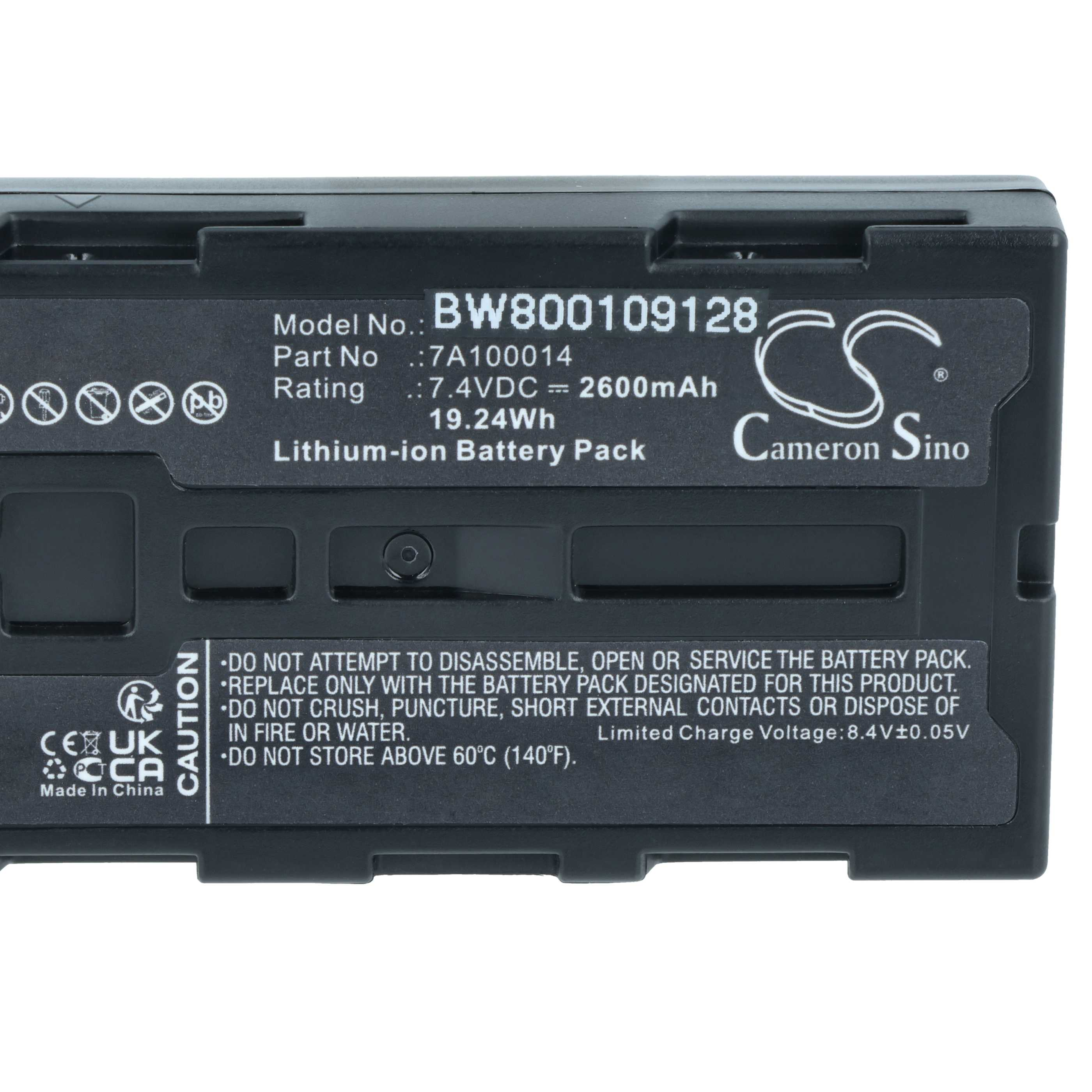 Ein schwarzes Lithium-Ionen-Akkupack mit Textetiketten. Modellnummer, Warnhinweise und das Cameron Sino-Logo sind sichtbar.