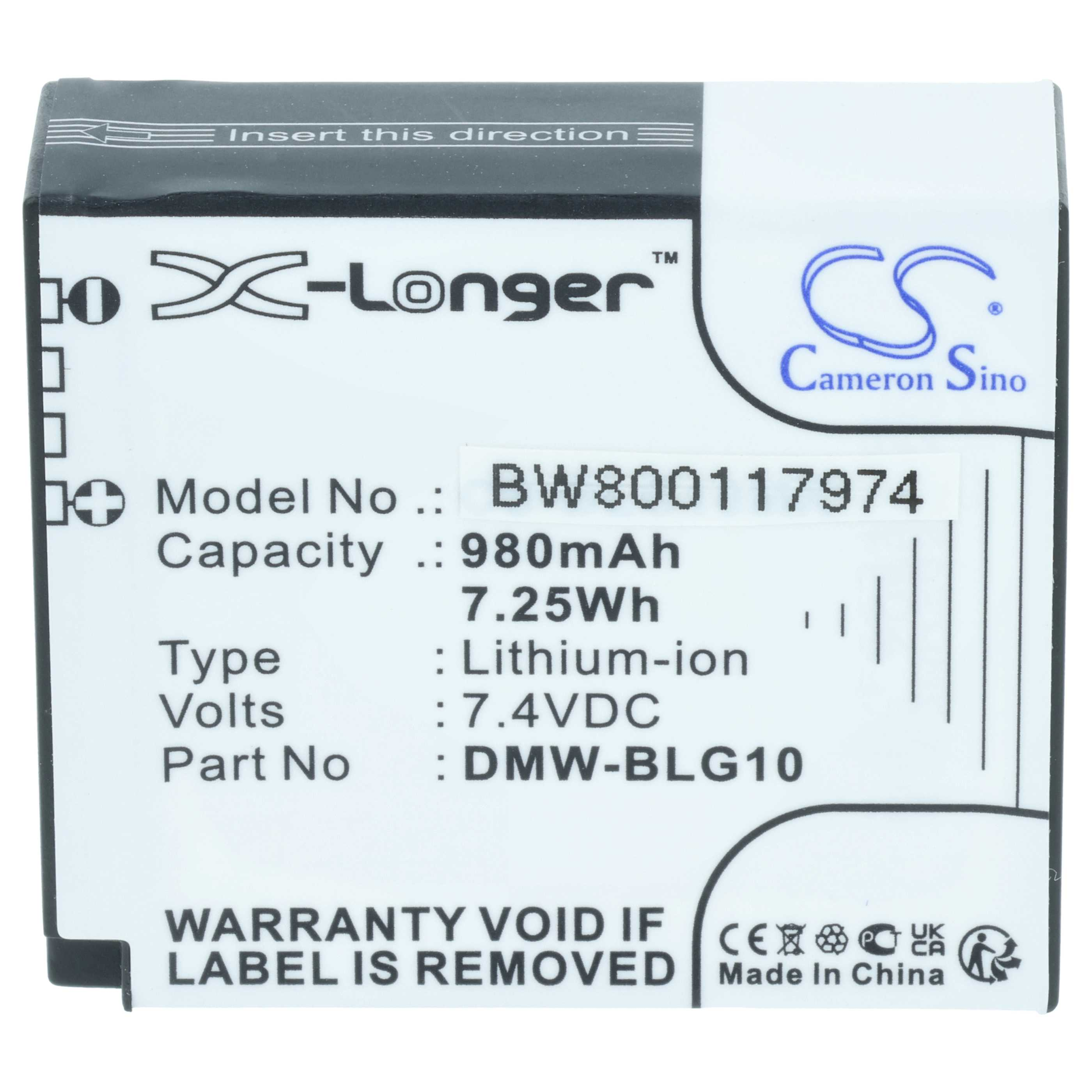 Akkupack mit Etiketten. Enthält das X-Longer-Logo, die Modellnummer BW800117974 und technische Daten.